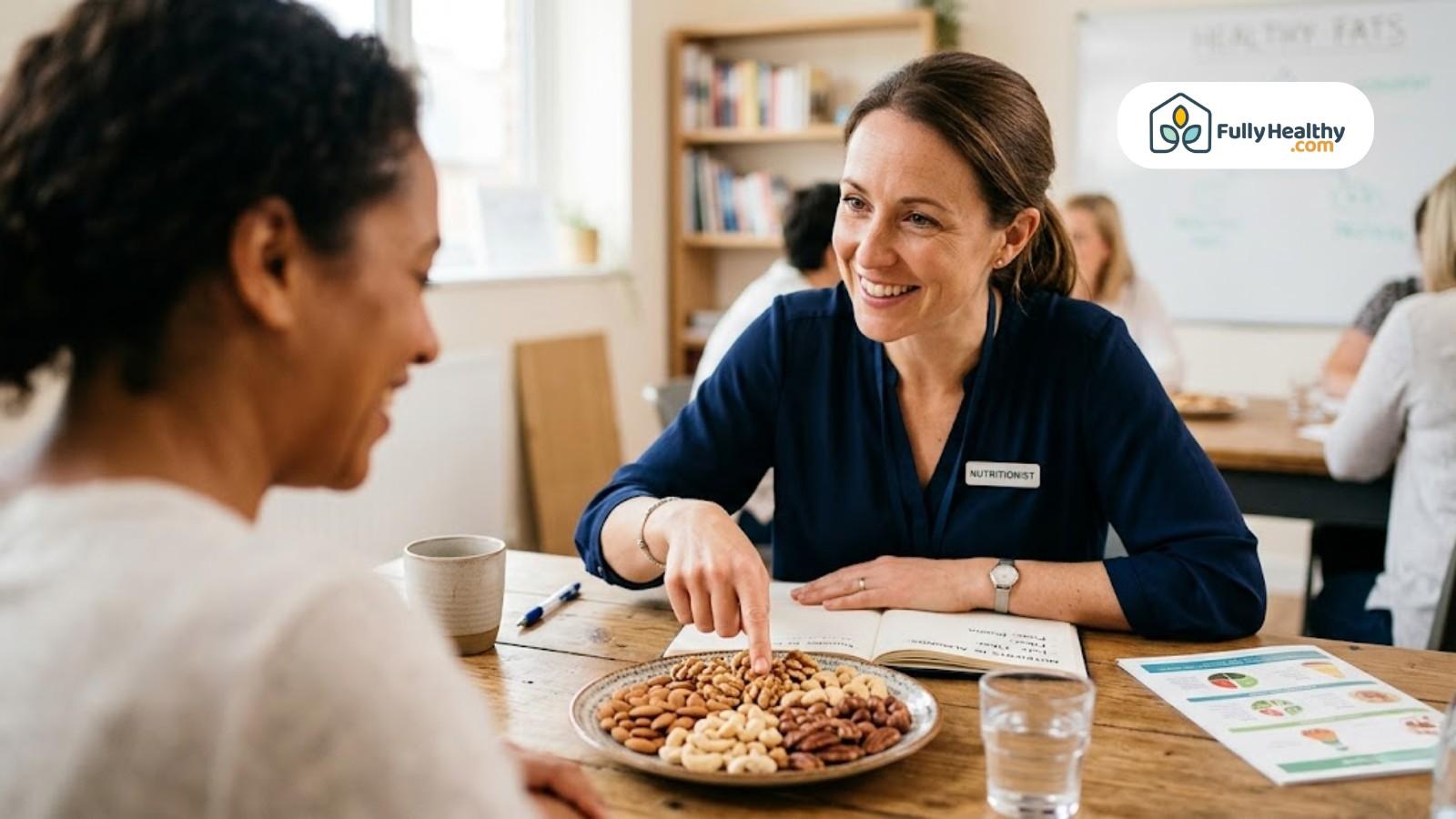 Nutritionist explaining different nuts to client during healthy eating consultation