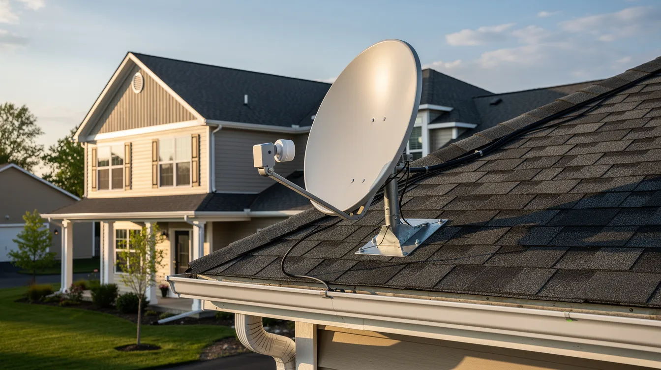 The image shows a professional satellite dish mounted on the roof of a suburban house, indicating a typical setup for dstv installation services. This installation ensures optimal signal reception for a home entertainment system, allowing residents to enjoy their favorite shows with high-quality service.