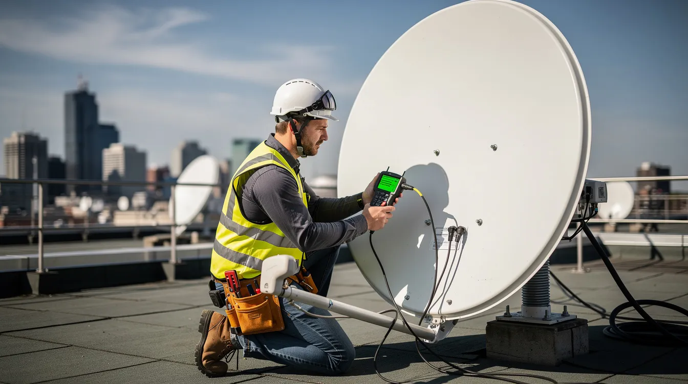 A technician is on a rooftop testing the satellite signal strength of a dish using a signal meter, ensuring optimal signal quality for professional DSTV installation services. The technician is focused on aligning the satellite dish to fix DSTV signal problems and provide uninterrupted viewing.