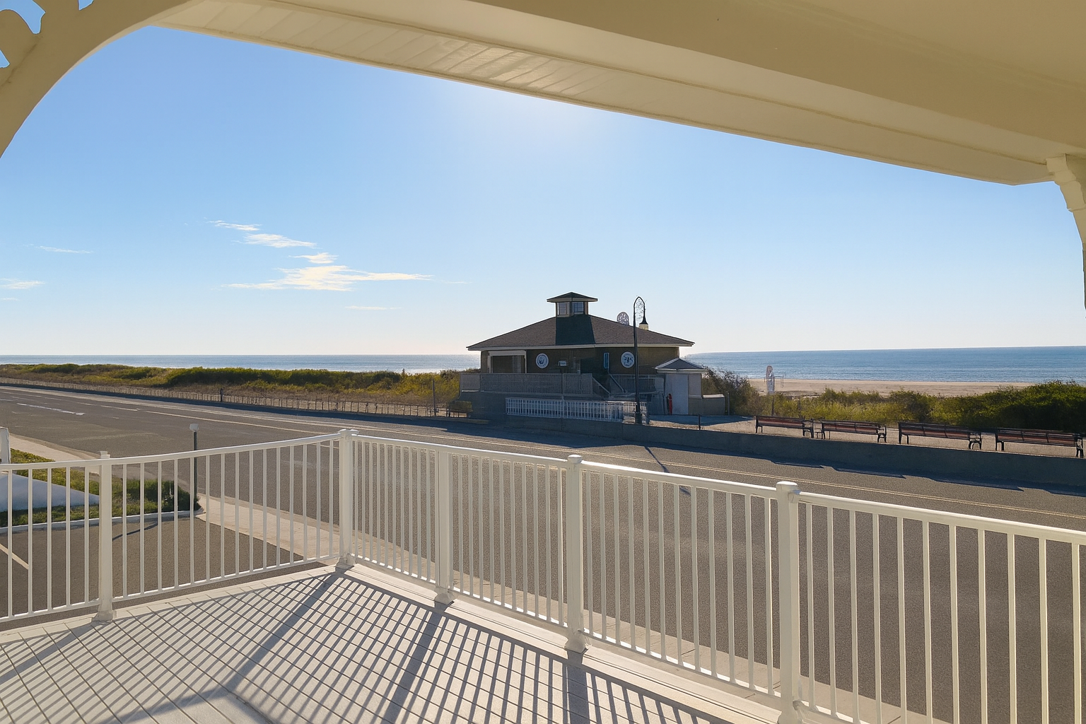View of Broadway Beach and the Atlantic Ocean from the balcony at Broadway Beach Condos Cape May.