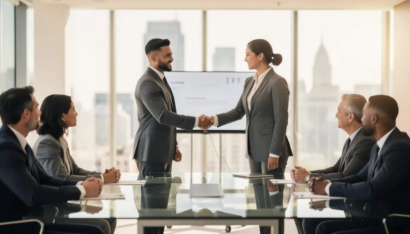 The image depicts a professional business meeting in a modern office setting, where two individuals are engaging in a handshake, symbolizing an agreement or partnership. This scene reflects the real estate industry, particularly in the context of Miami investment real estate, where buyers and sellers come together to explore listings and negotiate deals.
