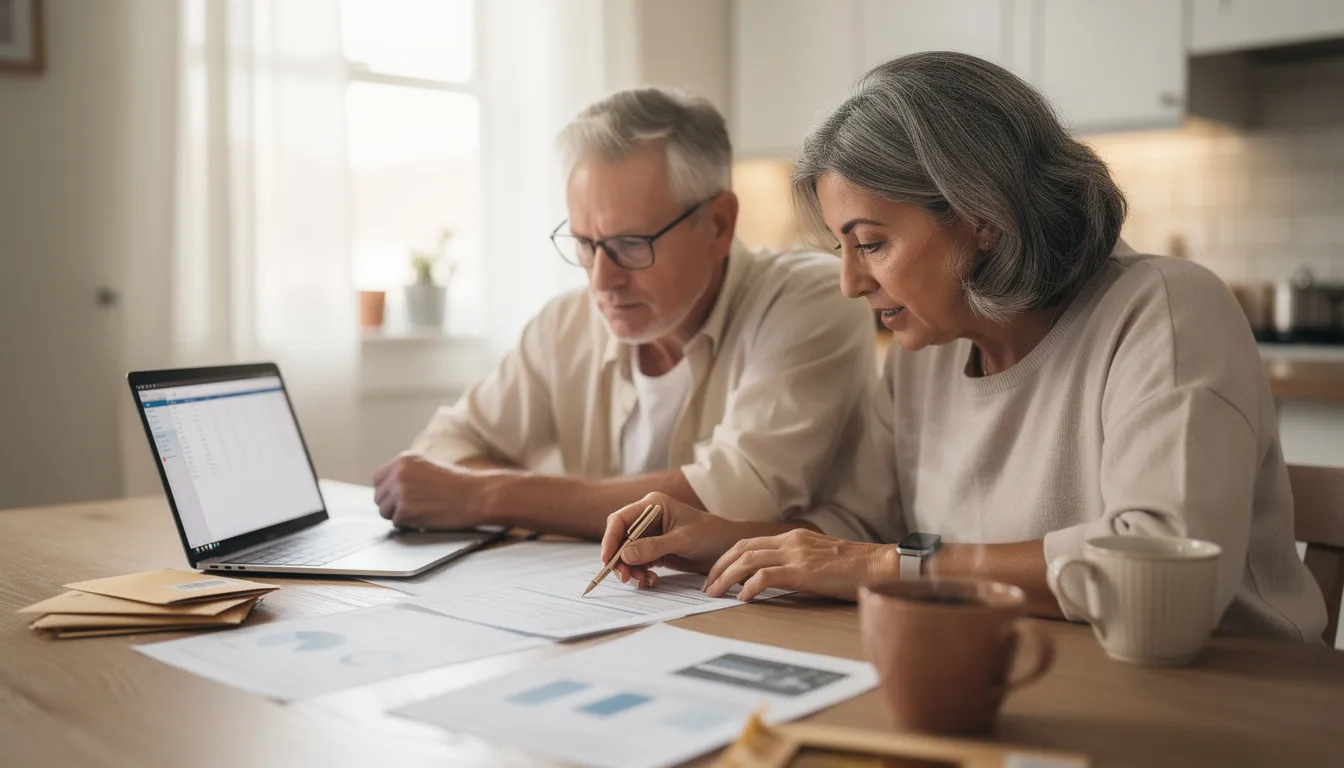A mature couple sits at a table, reviewing financial documents related to their retirement plans while enjoying coffee. They appear focused as they discuss their retirement savings, contributions, and future financial goals.