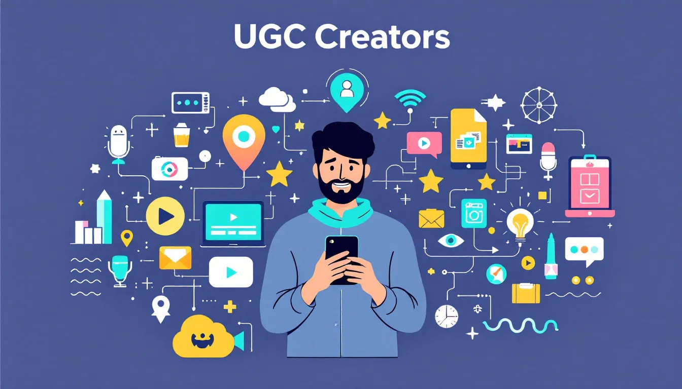 The image illustrates the concept of UGC creators, showcasing individuals engaged in content creation for social media platforms, emphasizing the role of authentic content in digital marketing strategies. It highlights how these creators produce high-quality user-generated content that connects brands with real customers and drives engagement.