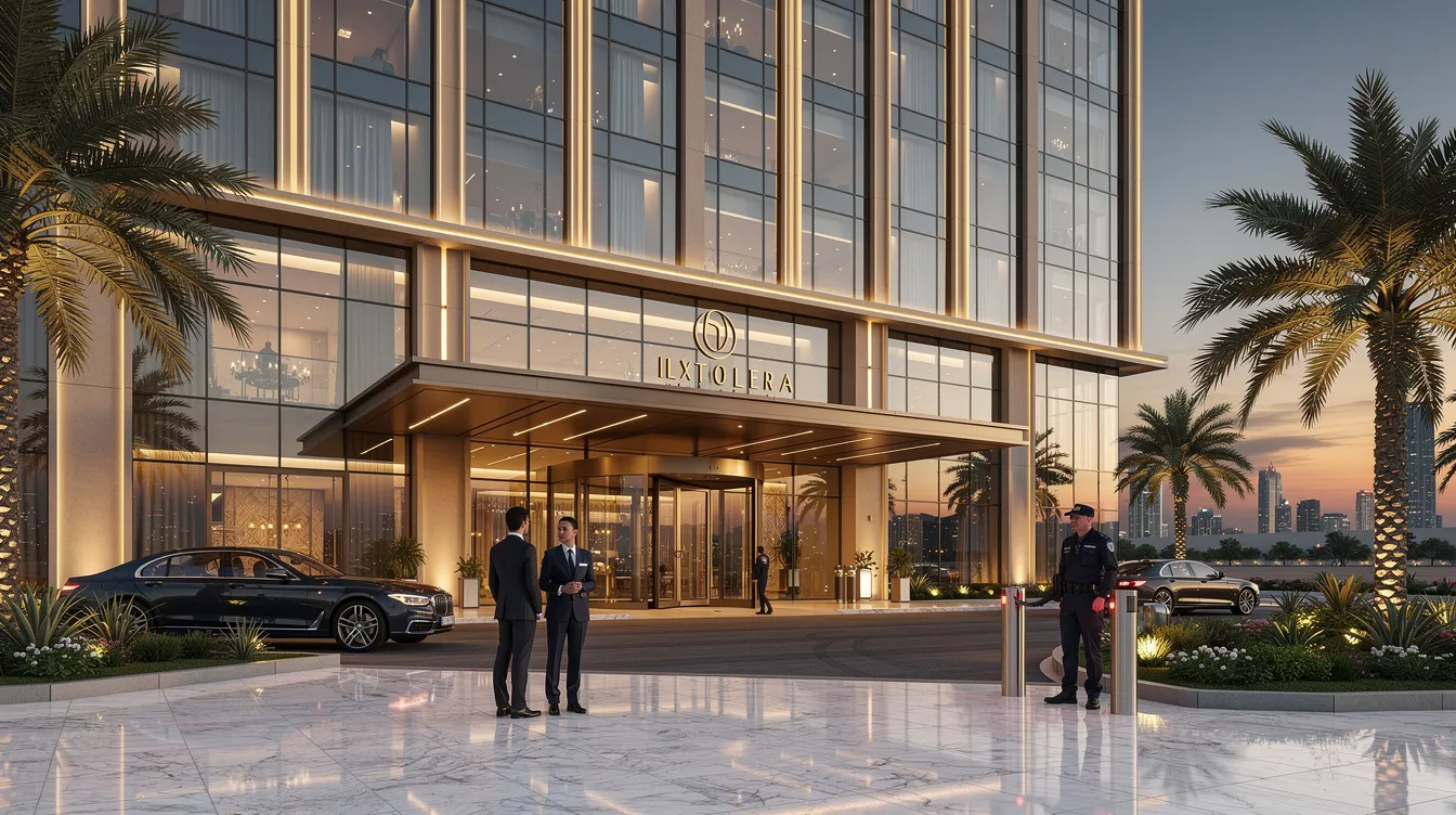 The image depicts the entrance of a modern luxury hotel in Dubai, featuring a security team that ensures a secure environment for guests. The presence of highly trained personnel highlights the hotel's commitment to providing professional security services, catering to high-profile individuals and maintaining the highest standards of safety.