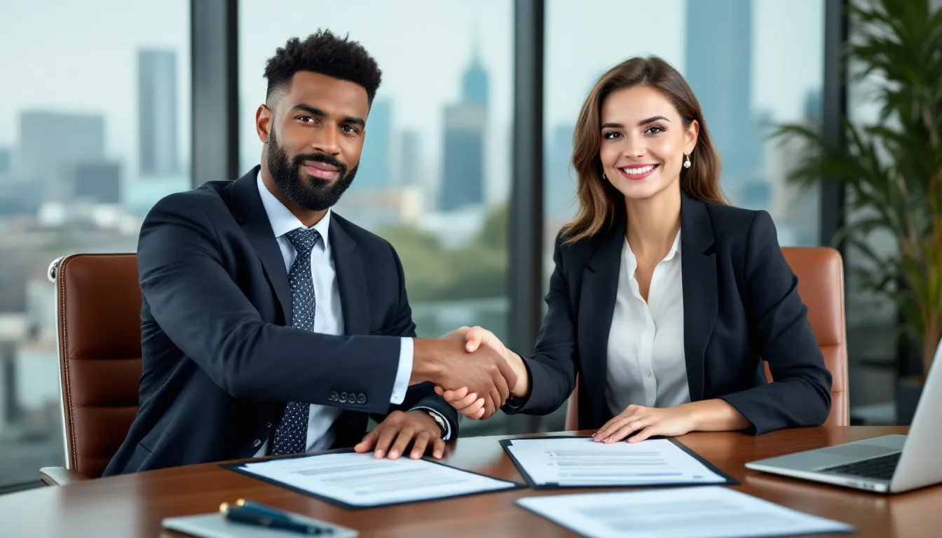 Twee zakelijke mensen uit verschillende landen schudden elkaar de hand boven internationale contractdocumenten, wat de totstandkoming van een internationale overeenkomst symboliseert. Deze handdruk vertegenwoordigt de samenwerking tussen professionele partijen en de toepassing van toepasselijk recht in het kader van internationale verdragen.
