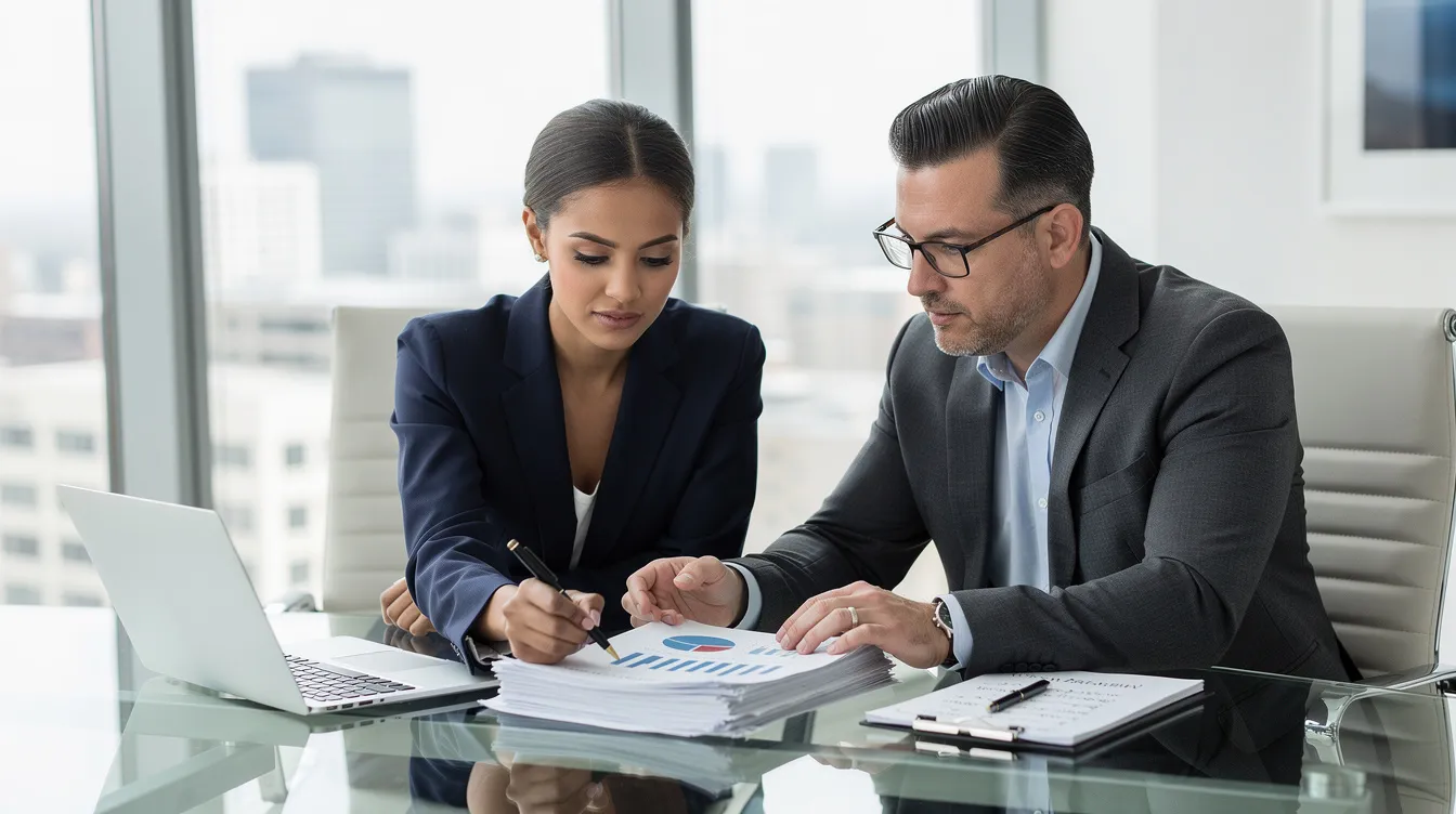 The image depicts two business professionals engaged in a detailed review of a stack of documents at a conference table, likely discussing important business contracts and contractual obligations. Their focused expressions suggest a serious contract negotiation, emphasizing the need for clear communication and meticulous drafting to protect their interests in potential agreements.