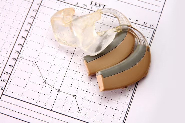 Hearing test result chart and a pair of hearing aids