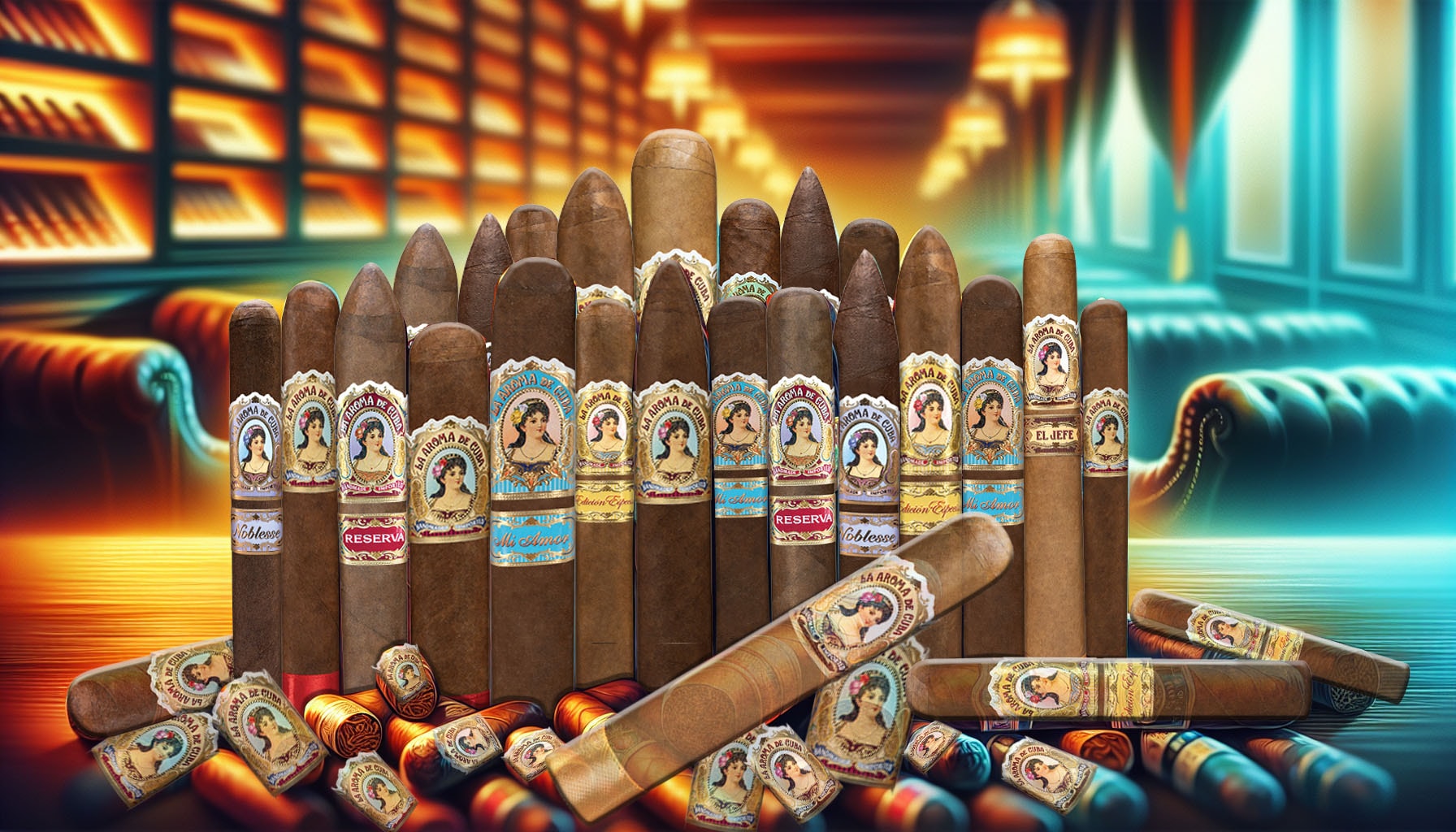 An illustration of various La Aroma de Cuba cigars showcasing their unique shapes and colors.