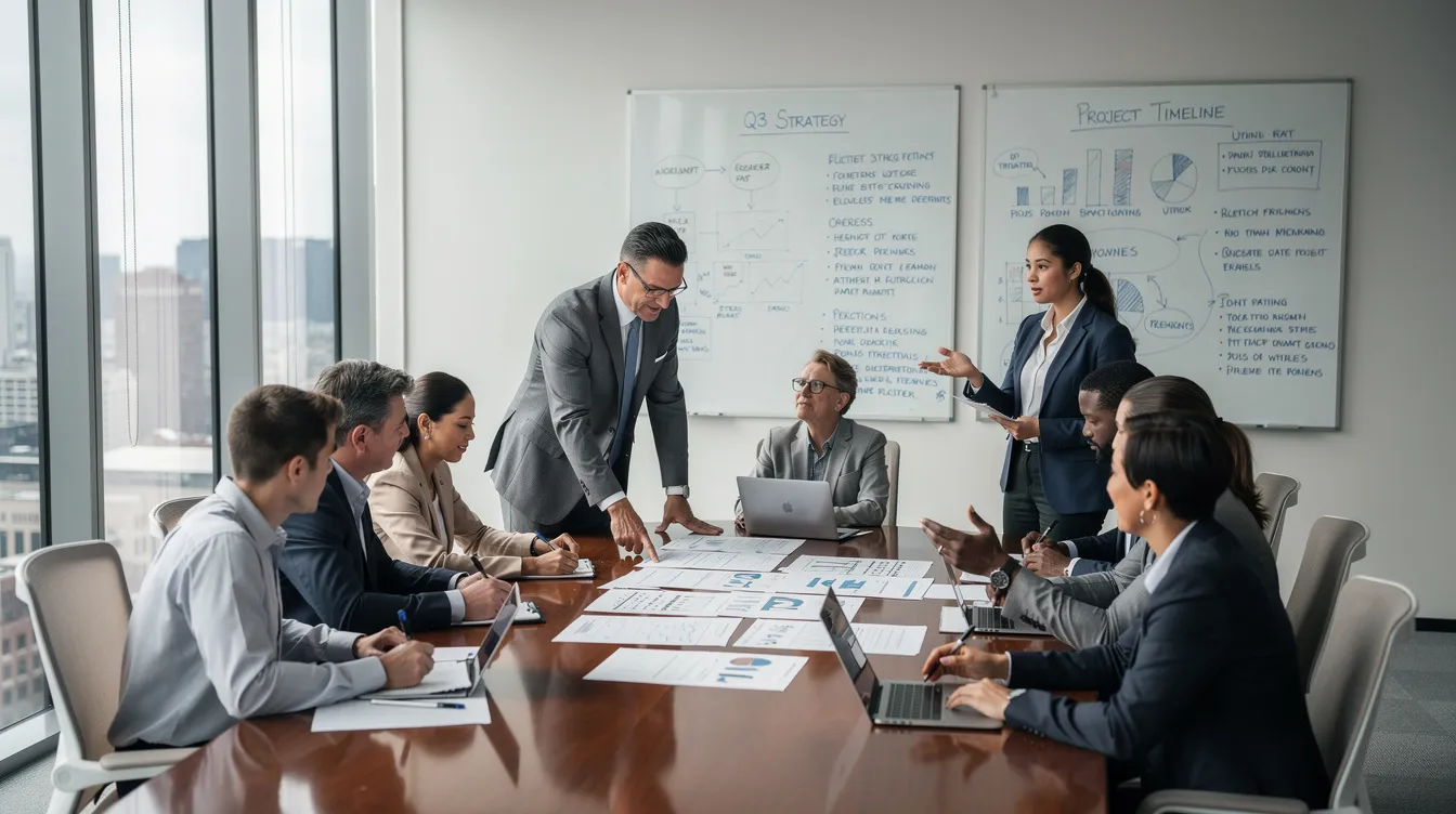 A professional team of training consultants is gathered around a large conference table in a modern office, reviewing printed documents and discussing whiteboards filled with notes. The bright natural light enhances their collaborative efforts as they focus on aligning existing training programs with business objectives and exploring effective learning strategies for employee development.