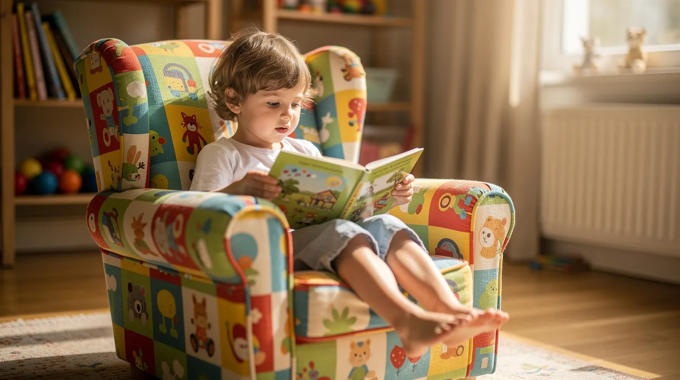 Ett litet barn sitter bekvämt i en färgglad barnfåtölj och läser en bok, omgiven av ett mysigt barnrum. Fåtöljen är designad för barn och erbjuder både komfort och en lekfull känsla med sina ljusa färger.