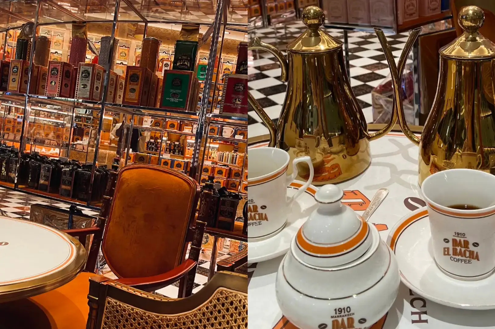 A split-screen image displaying a luxury coffee boutique interior on the left with shelves lined with vibrant coffee tins behind a plush orange armchair, paired on the right with a marble table setting featuring two polished gold gooseneck coffee pots, branded white and orange coffee cups, and a matching porcelain sugar bowl.