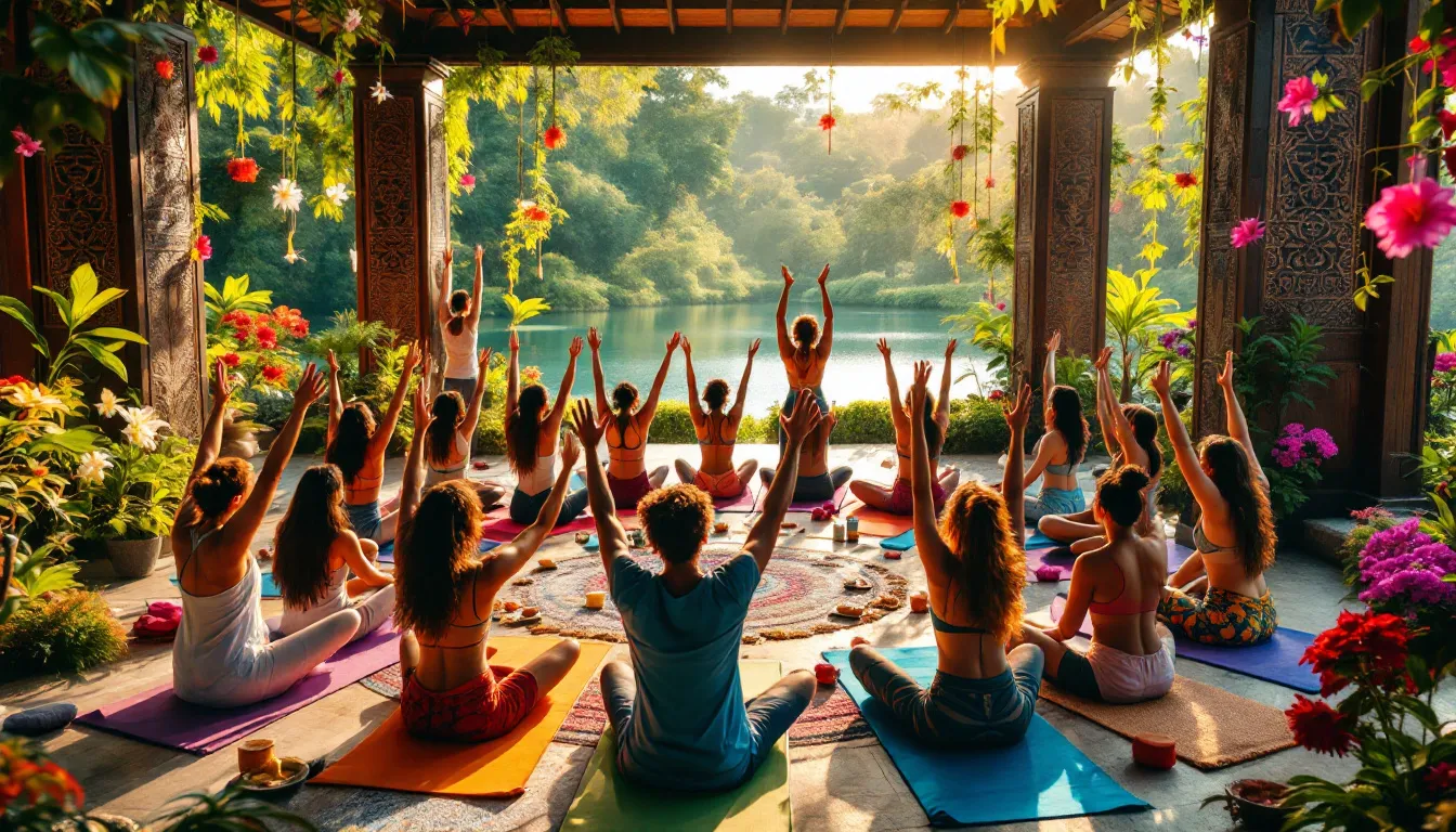 A diverse group of individuals engaged in a dynamic kundalini yoga class.