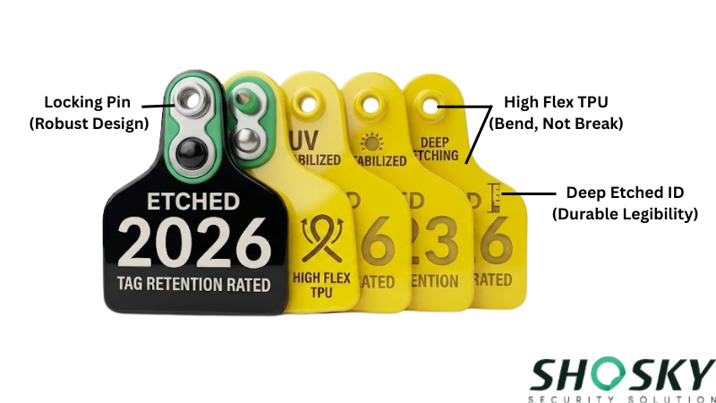 Close-up of cattle ear tags highlighting flexible construction