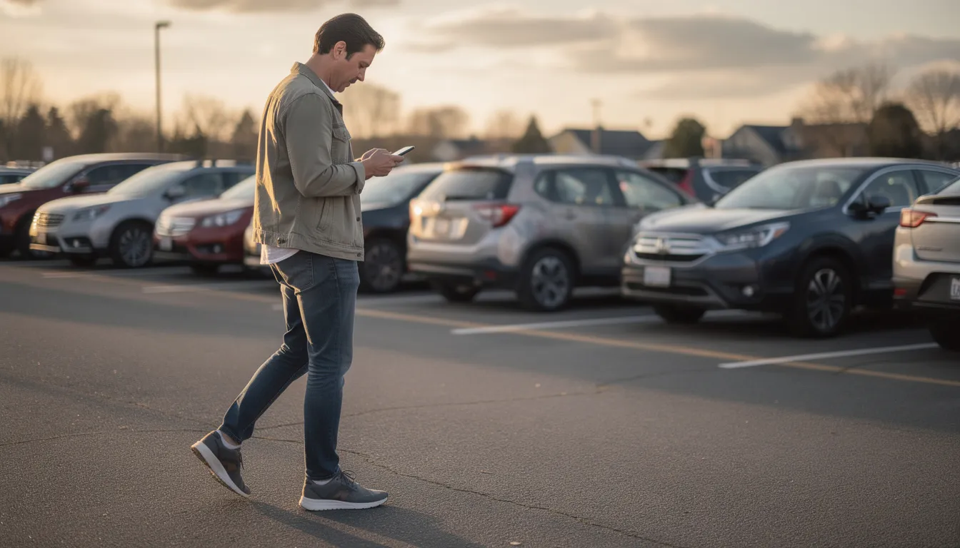 A person is walking towards a parking lot while checking their smartphone, with various cars parked in the background. This scene highlights the importance of using a reliable GPS tracker for vehicles, ensuring accurate location tracking and enhancing vehicle security.