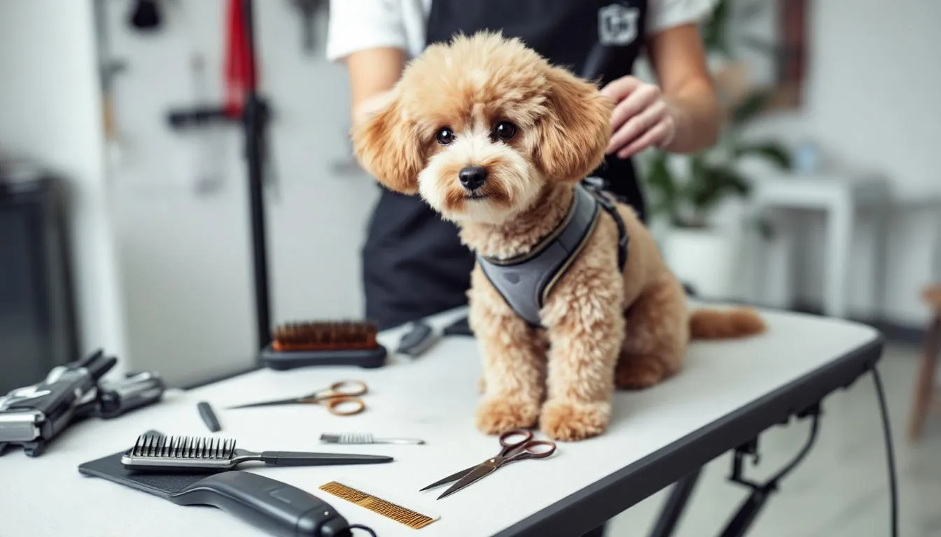 A toy poodle is being professionally groomed, surrounded by various grooming tools such as scissors and brushes, highlighting its characteristic curly coat. The scene captures the care and attention given to this intelligent small breed, emphasizing the importance of regular grooming for the toy poodle