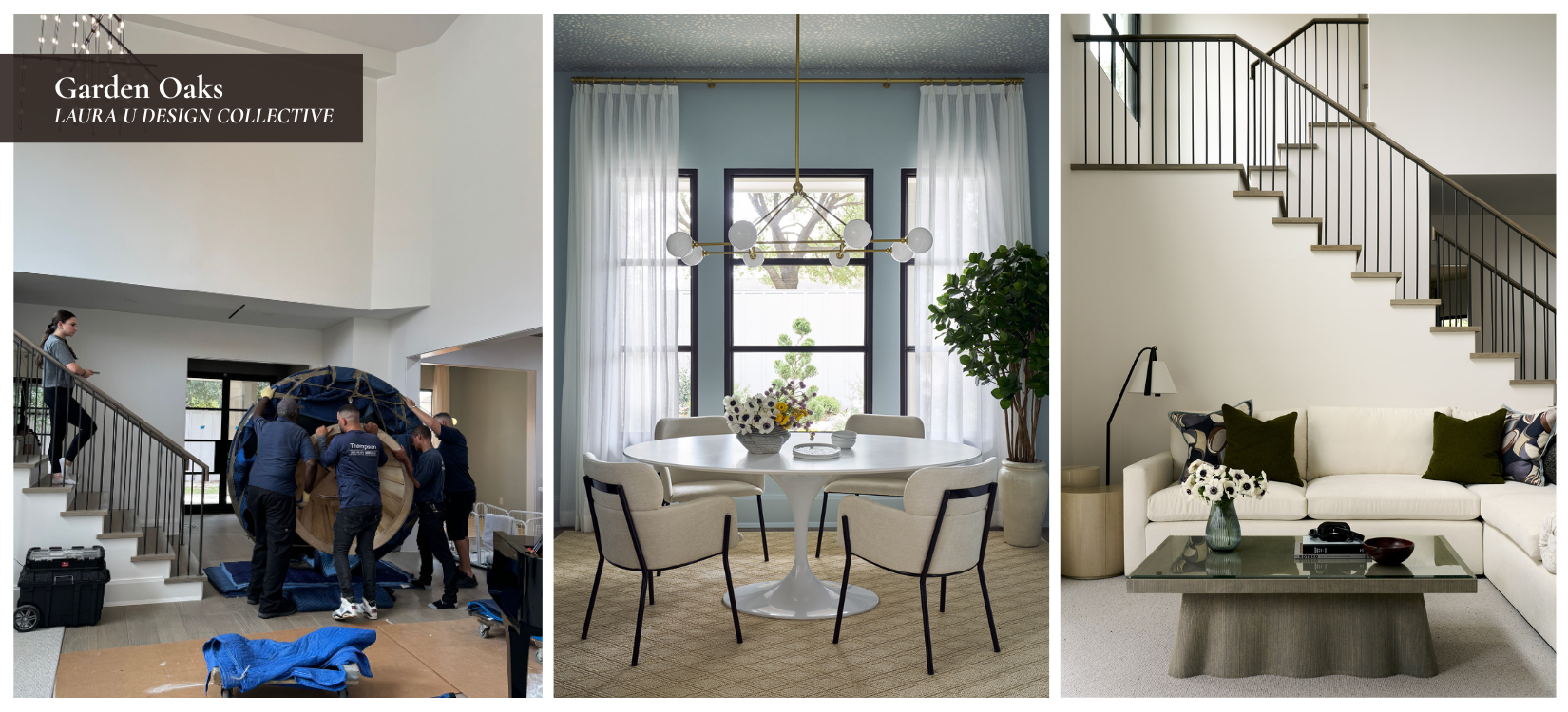The Garden Oaks hall, breakfast nook, and living room during and after installation