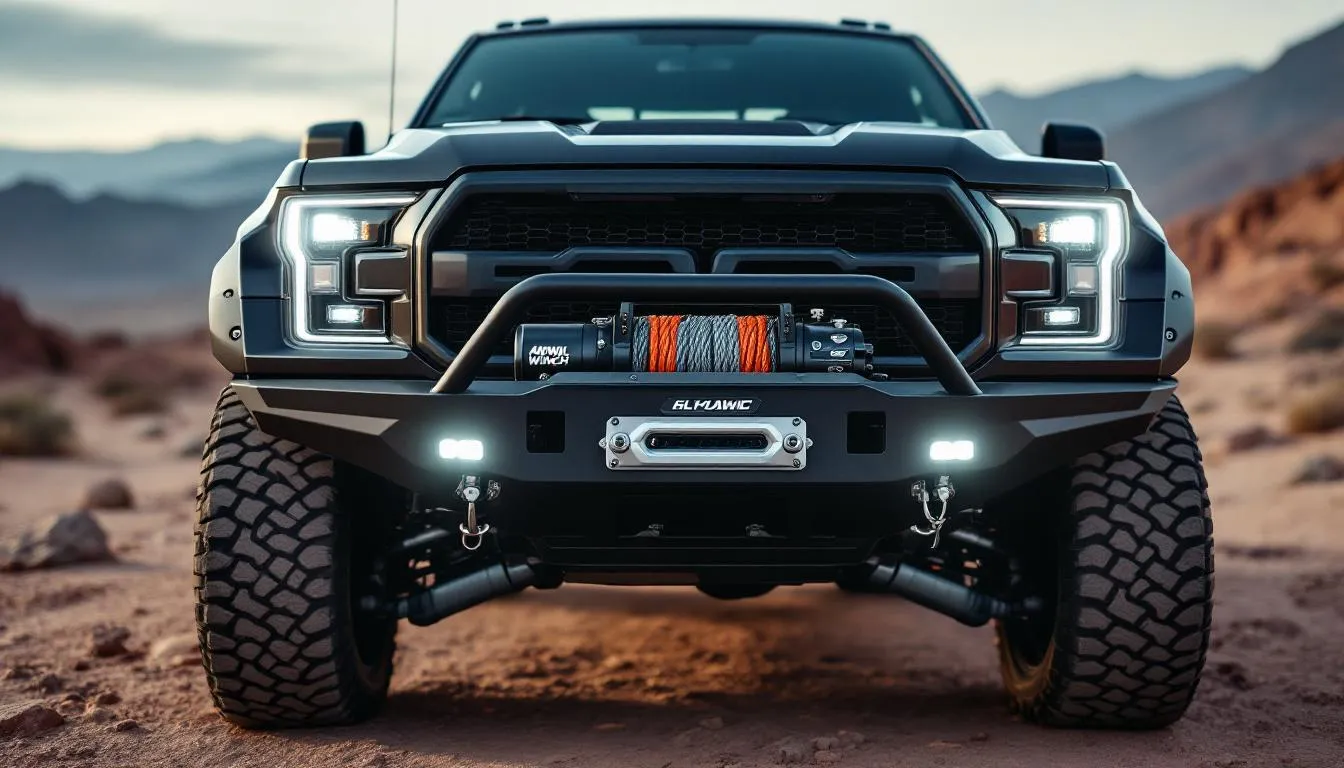 A hydraulic 4WD winch mounted on a truck, showcasing its pulling power.