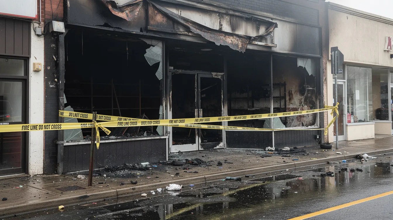 The image depicts a commercial storefront severely damaged by fire, with emergency tape surrounding the area to indicate a hazardous situation. This scene highlights the aftermath of catastrophic wildfires, emphasizing the need for legal representation from experienced wildfire attorneys to help property owners recover compensation for their losses.