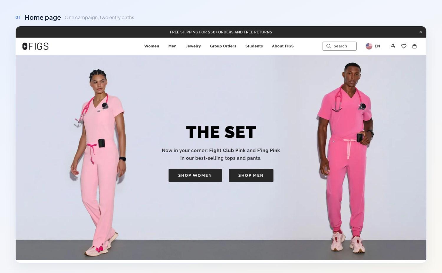 The FIGS home page: a free shipping and returns bar above a six-item navigation, with one campaign hero and Shop Women and Shop Men buttons