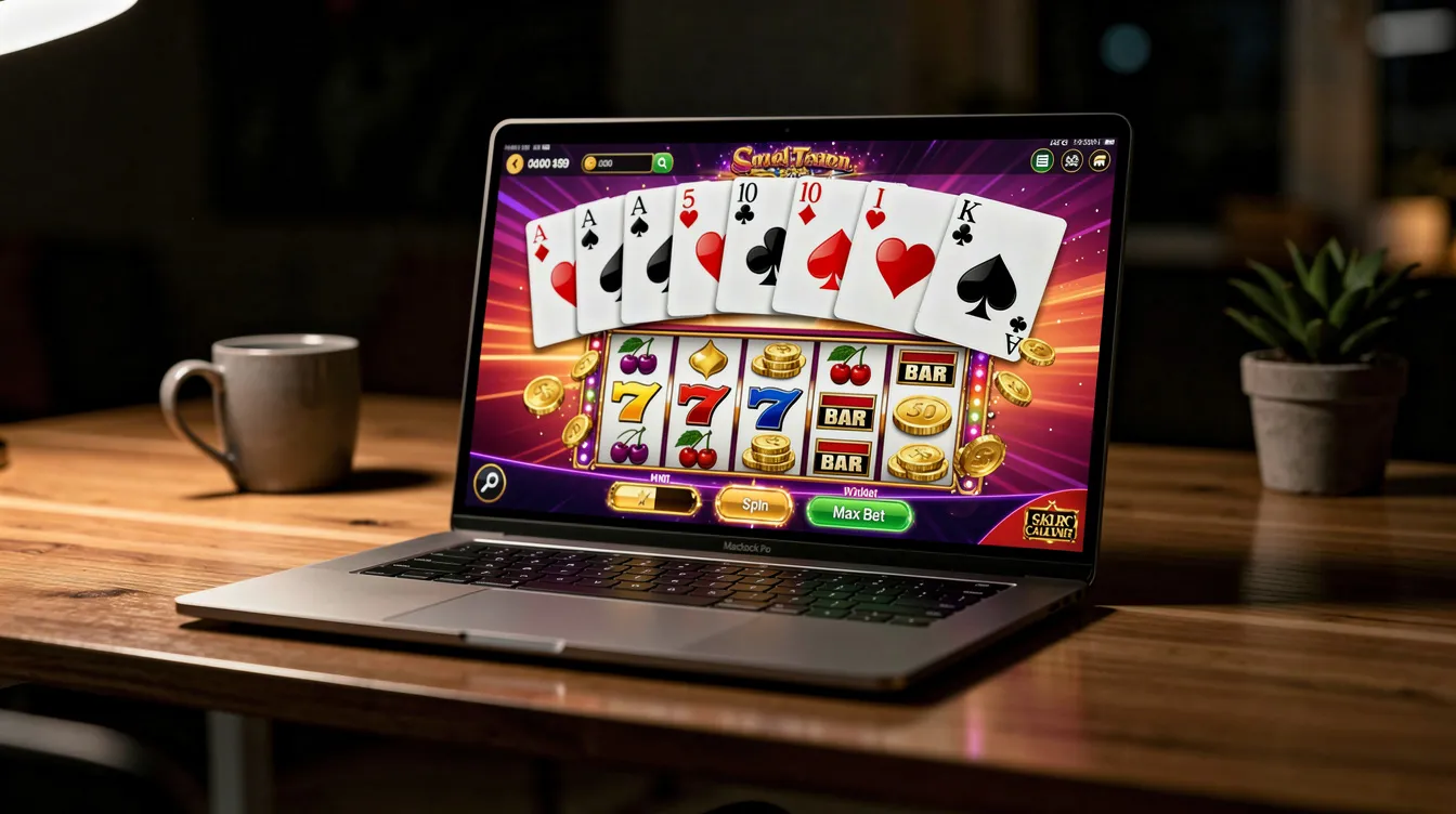 The image features a laptop on a desk displaying a vibrant casino game interface, showcasing colorful playing cards and slot reels on the screen. This visual represents the engaging world of online casinos, including many non gamstop casinos that offer a variety of gaming options.