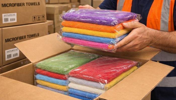 High-volume microiber towels are being packed in container for shipping