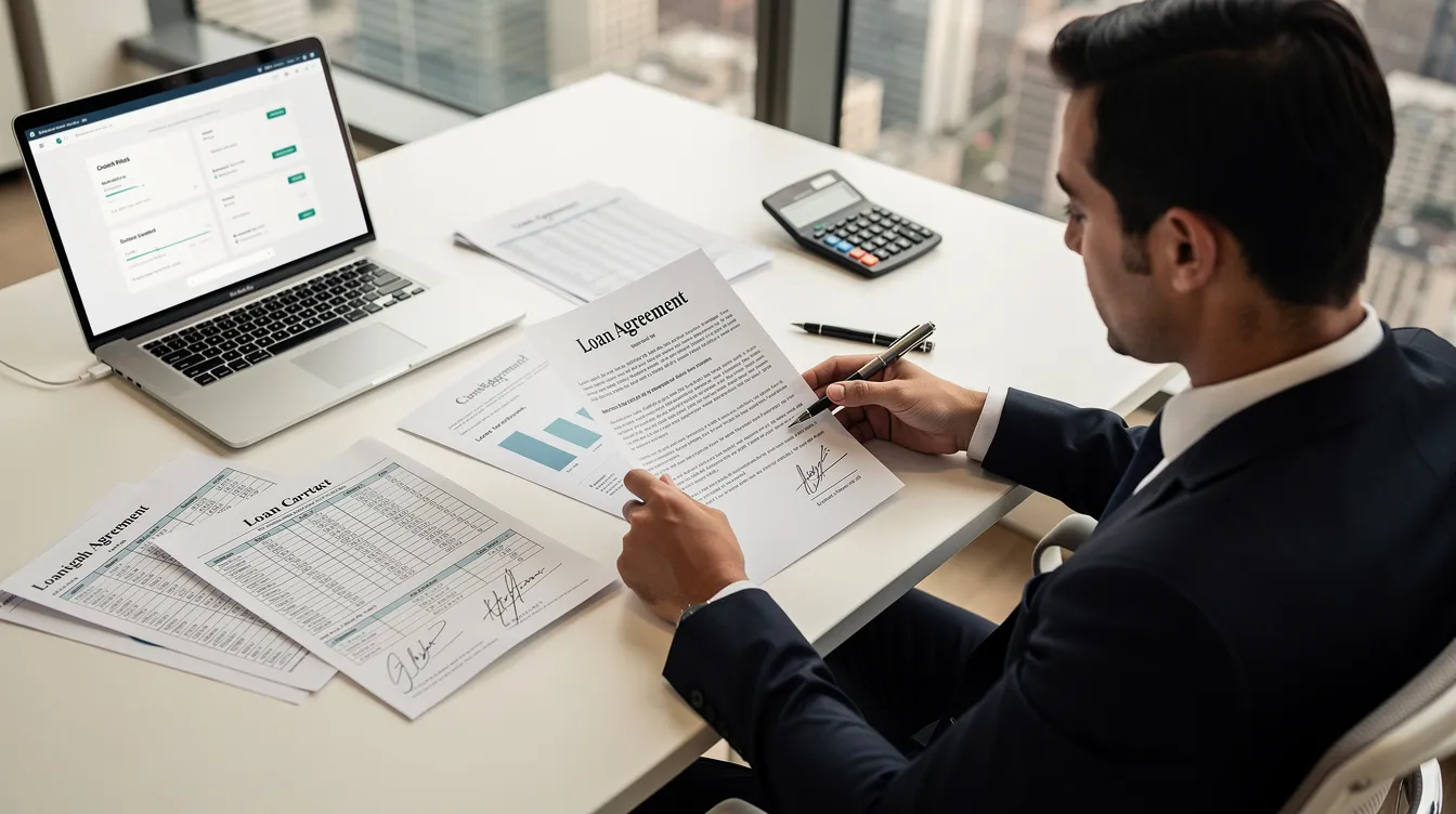 A person is sitting at a desk, meticulously reviewing financial documents and loan contracts, including details about private loans and interest rates. The scene conveys a sense of focus and diligence in understanding the terms of the loan application process.
