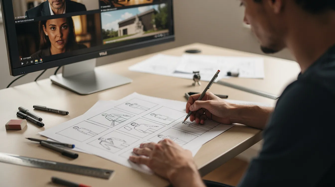 Eine Person sitzt an einem Schreibtisch und zeichnet ein Storyboard mit mehreren Panels, während im Hintergrund ein Monitor mit Filmbildern zu sehen ist. Die Szene vermittelt einen kreativen Arbeitsprozess, in dem die Einstellungen und Bildausschnitte für einen Film geplant werden.