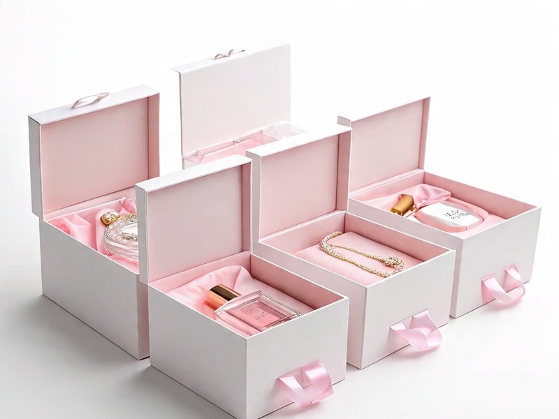 An image of open white subscription boxes with pink lining, holding perfume bottles and jewelry.