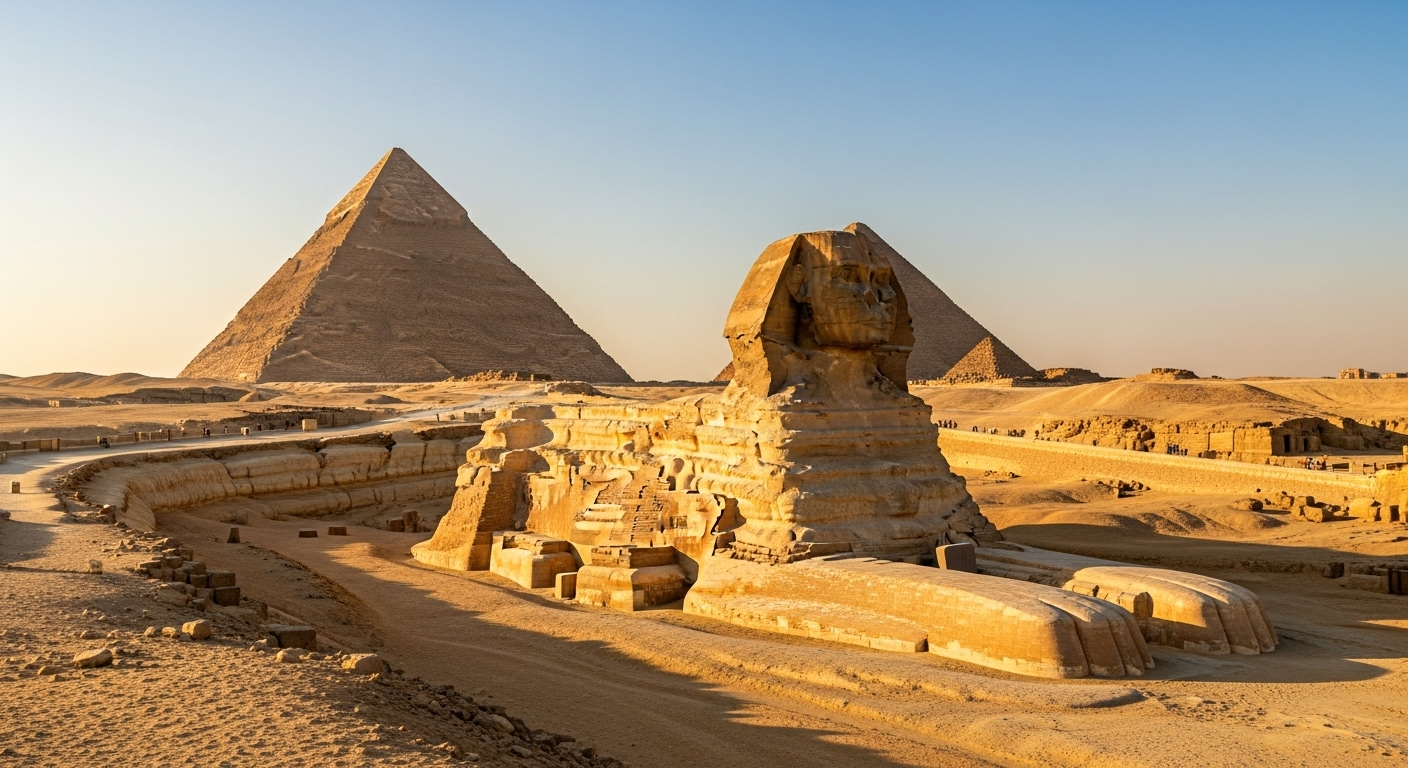 The Great Sphinx and the Pyramids of Giza in Egypt illuminated by warm afternoon sunlight, surrounded by desert sand and clear blue sky, showcasing the ancient architecture of the Giza Plateau.