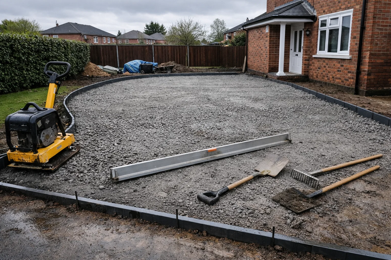 Groundwork preparation and sub-base installation for a resin driveway in Manchester.