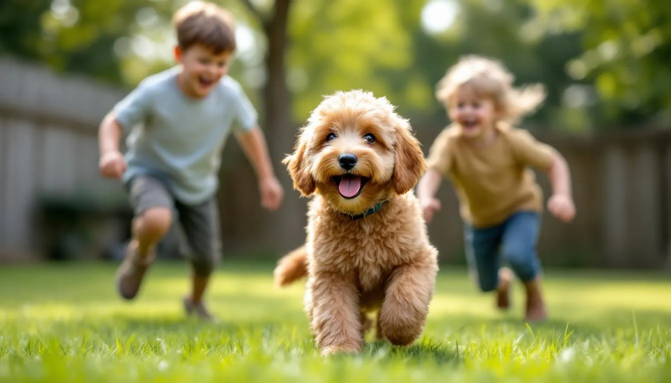 In the image, a playful miniature English Goldendoodle with a curly coat interacts gently with two young children in a sunny backyard, showcasing the dog