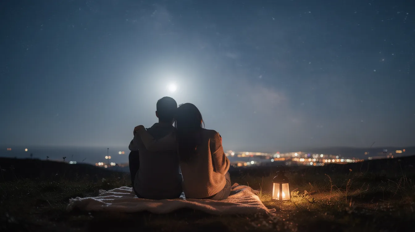 A couple sits closely together under a starlit sky, sharing a quiet moment that reflects their romantic relationship and mutual respect. Their connection highlights the importance of open-minded conversations about values like equality and women's rights in dating life.