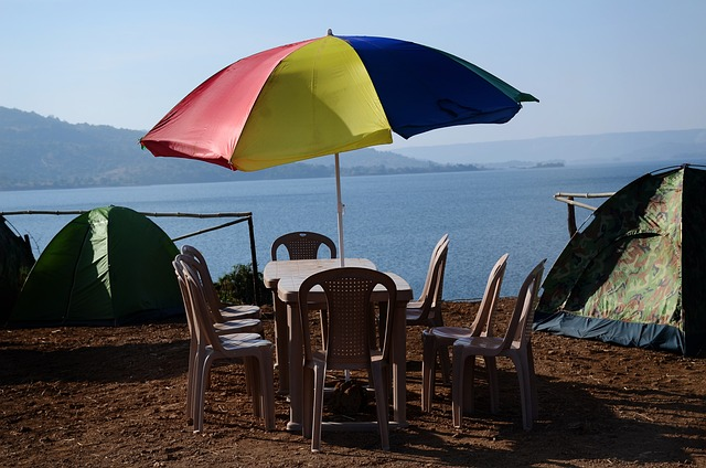 lake, umbrella, table