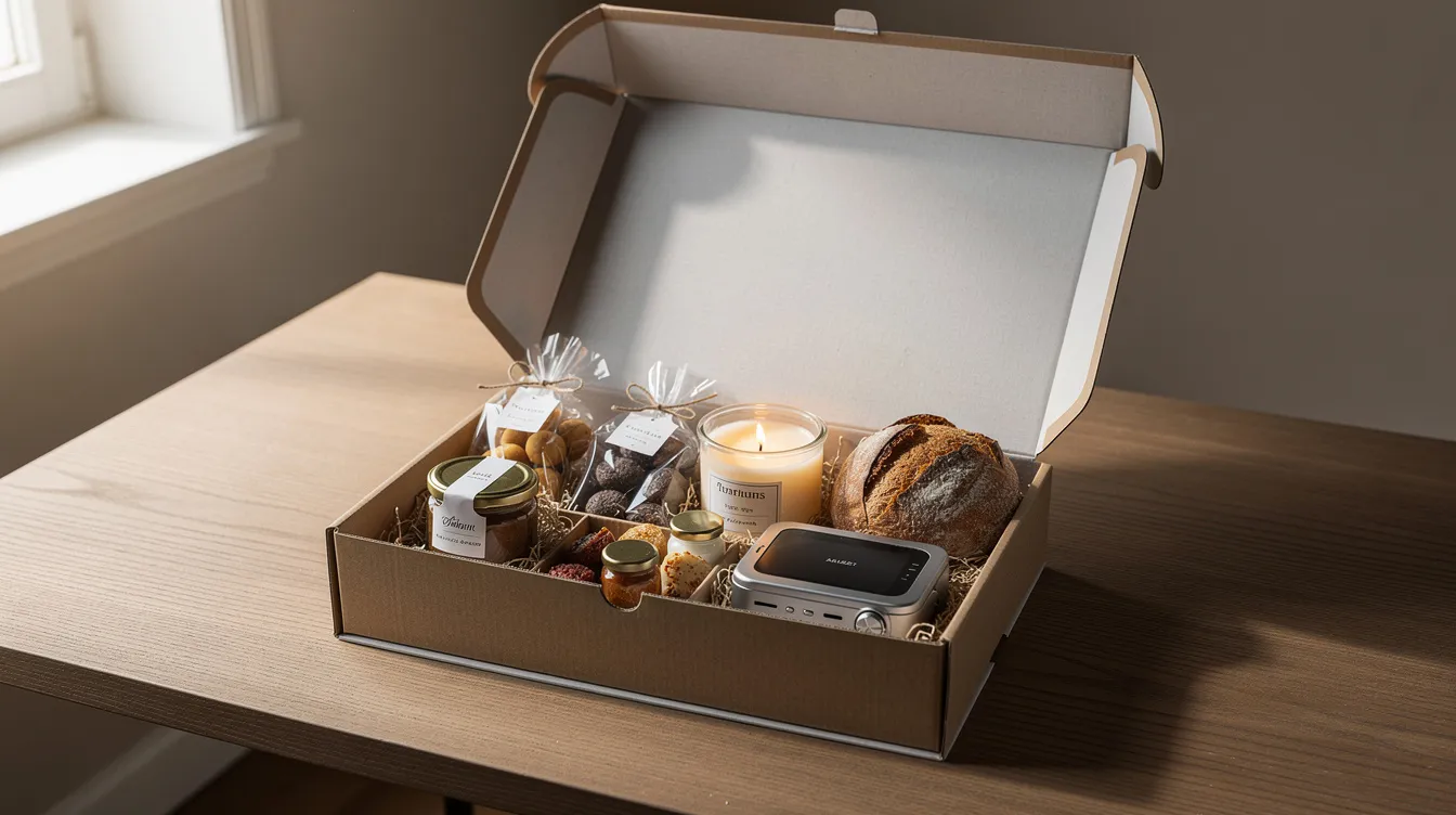 Na eleganckim, otwartym giftboxie znajdują się lokalne przysmaki, świeca oraz elektroniczny gadżet, wszystko ułożone na drewnianym biurku. Tego rodzaju upominki reklamowe doskonale sprawdzą się jako oryginalne gadżety promocyjne dla firm.