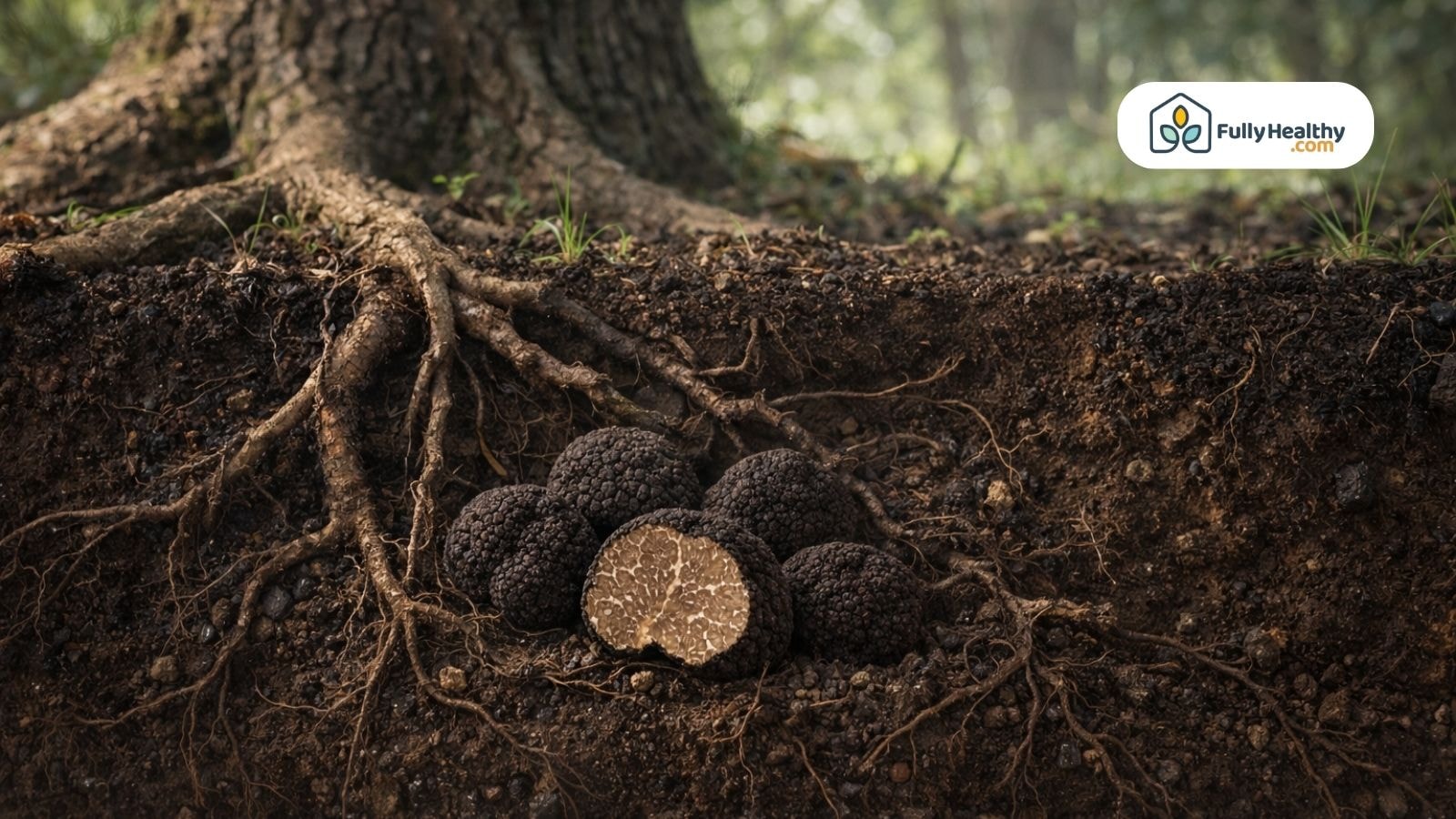 Black truffles growing beneath tree roots in forest soil