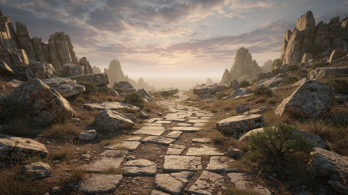 The image depicts an ancient stone path winding through a rugged, rocky landscape, leading towards a distant horizon that evokes a sense of wonder and exploration, reminiscent of the journey toward the kingdom of heaven. The path invites the viewer to reflect on the importance of faith and the challenges faced in life, much like the biblical teachings that emphasize resisting sin and the rich person&rsquo;s struggle to enter heaven.