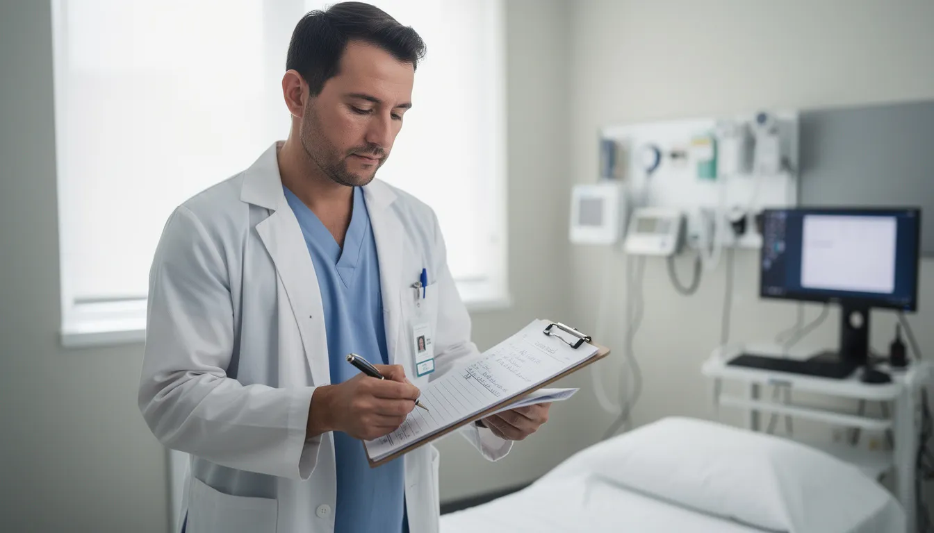 A medical professional is focused on reviewing a patient's chart in a clinical setting, highlighting the importance of thorough evaluation in the treatment of substance use disorder. This process is essential for developing effective treatment plans that may include individual therapy sessions, group counseling, and various addiction treatment modalities to address mental health disorders.