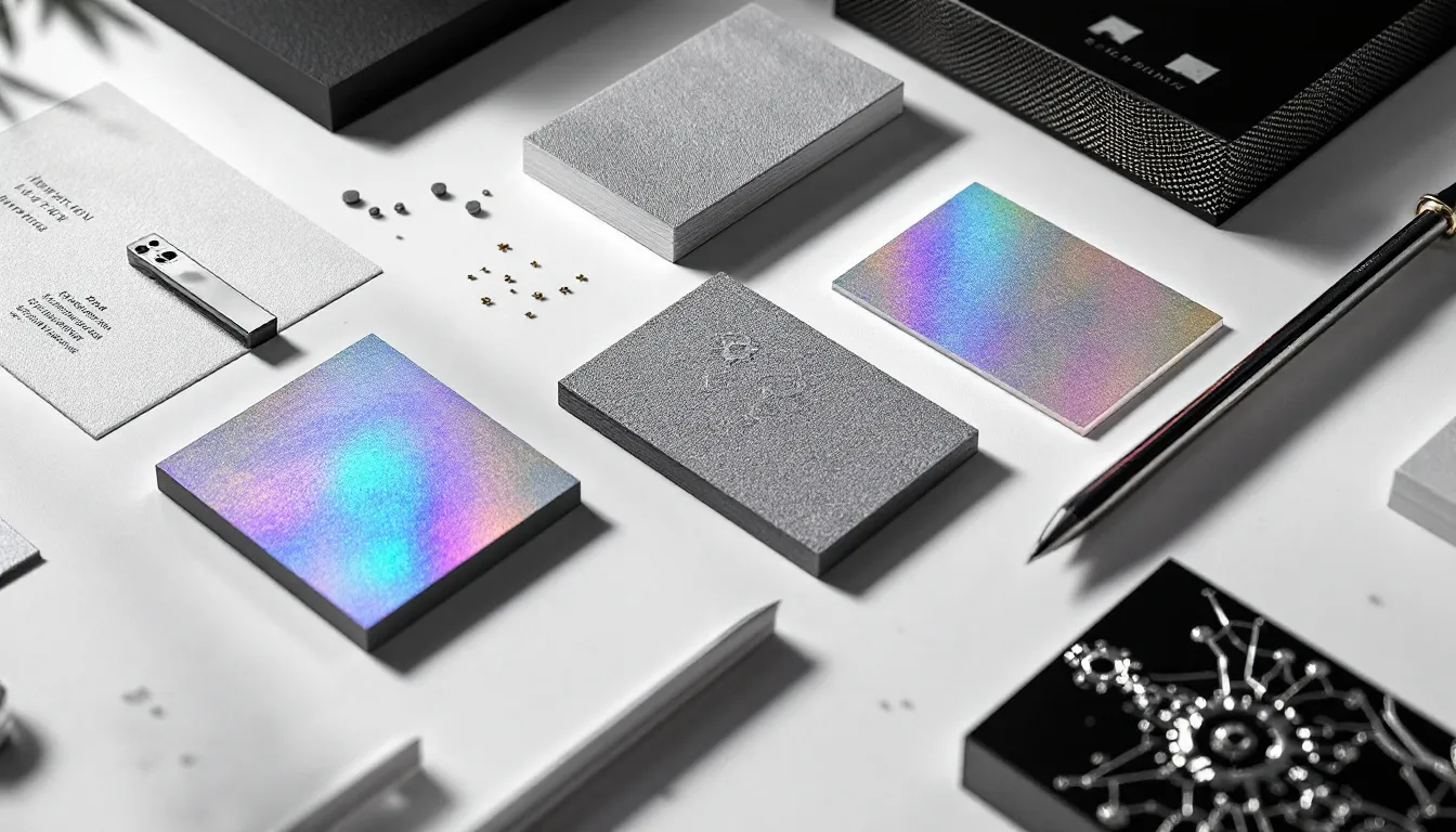 Business cards with special finishes displayed on a table.
