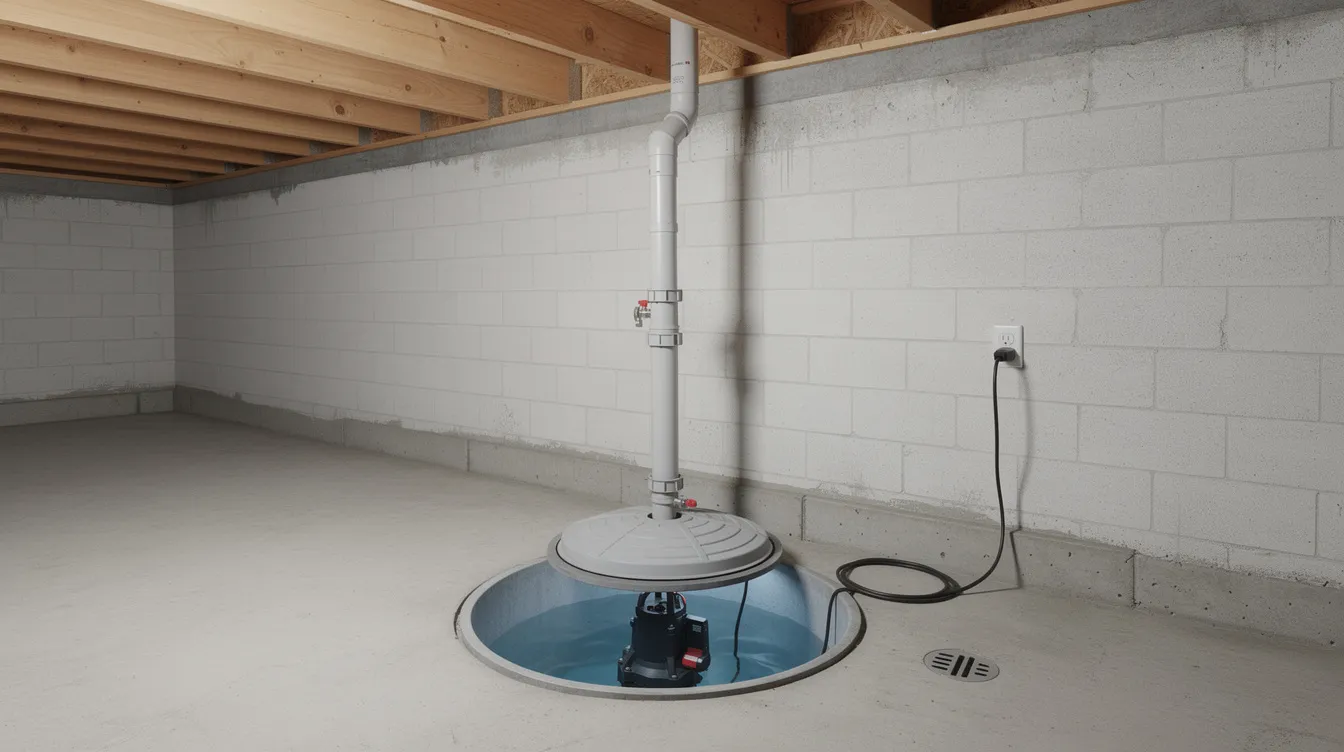 The image depicts a sump pump installed in a residential basement, featuring a discharge pipe that extends upward and out of the building. This setup is crucial for managing excess water and preventing flooding, ensuring the proper functioning of the home's drain system.