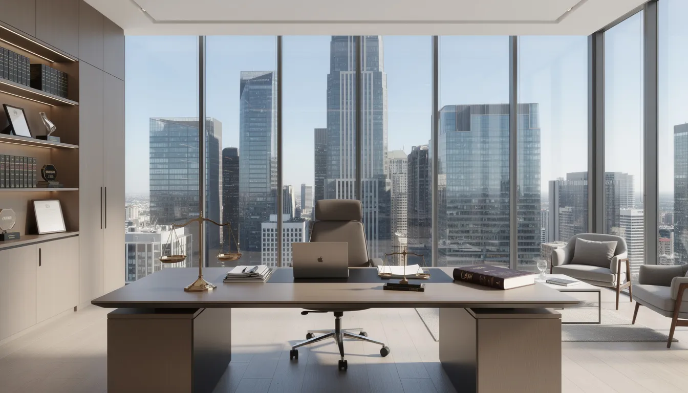 The image depicts a sleek, modern law office featuring large windows that showcase a vibrant city skyline. This professional environment suggests a focus on legal matters, potentially including medical malpractice cases, where experienced attorneys offer legal representation for victims of medical negligence.