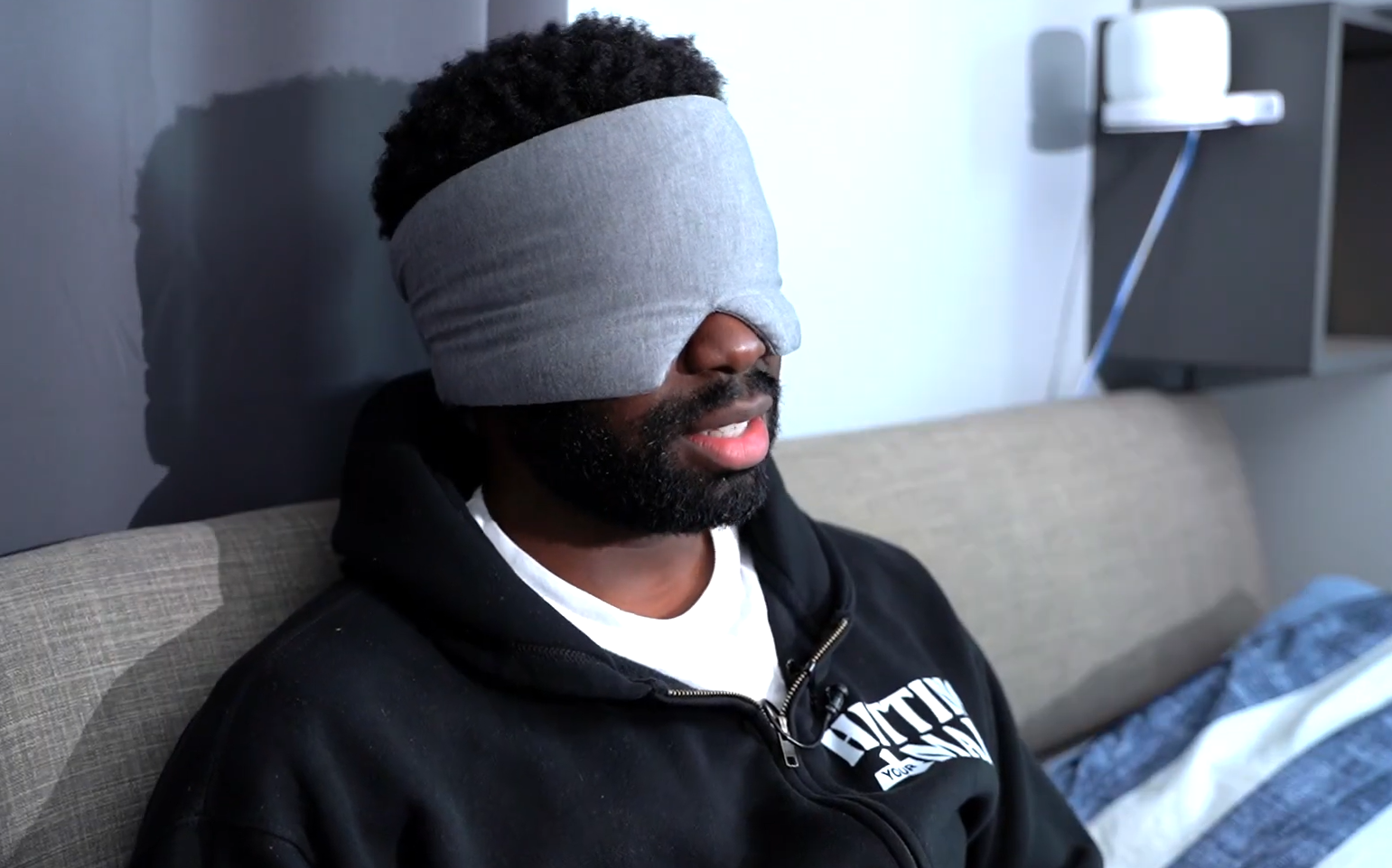 trying the Freshme sleep mask in bed