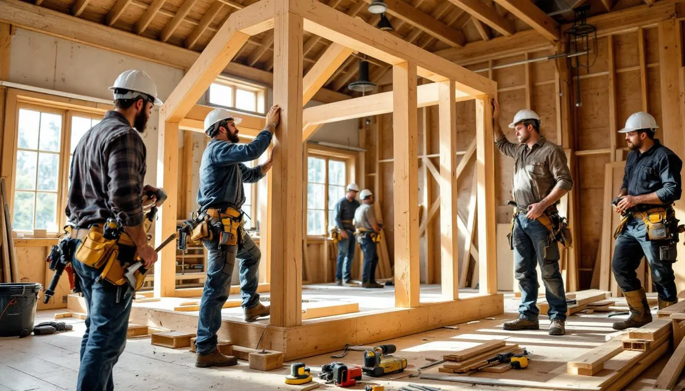 Des charpentiers professionnels sont en train de travailler sur une structure en bois traditionnelle, mettant en œuvre leur savoir-faire pour la construction et la rénovation de charpentes. L'image montre une équipe dédiée à la mise en place d'une ossature en bois, illustrant leur expertise dans le domaine de la charpente à Nantes et dans la Loire-Atlantique.