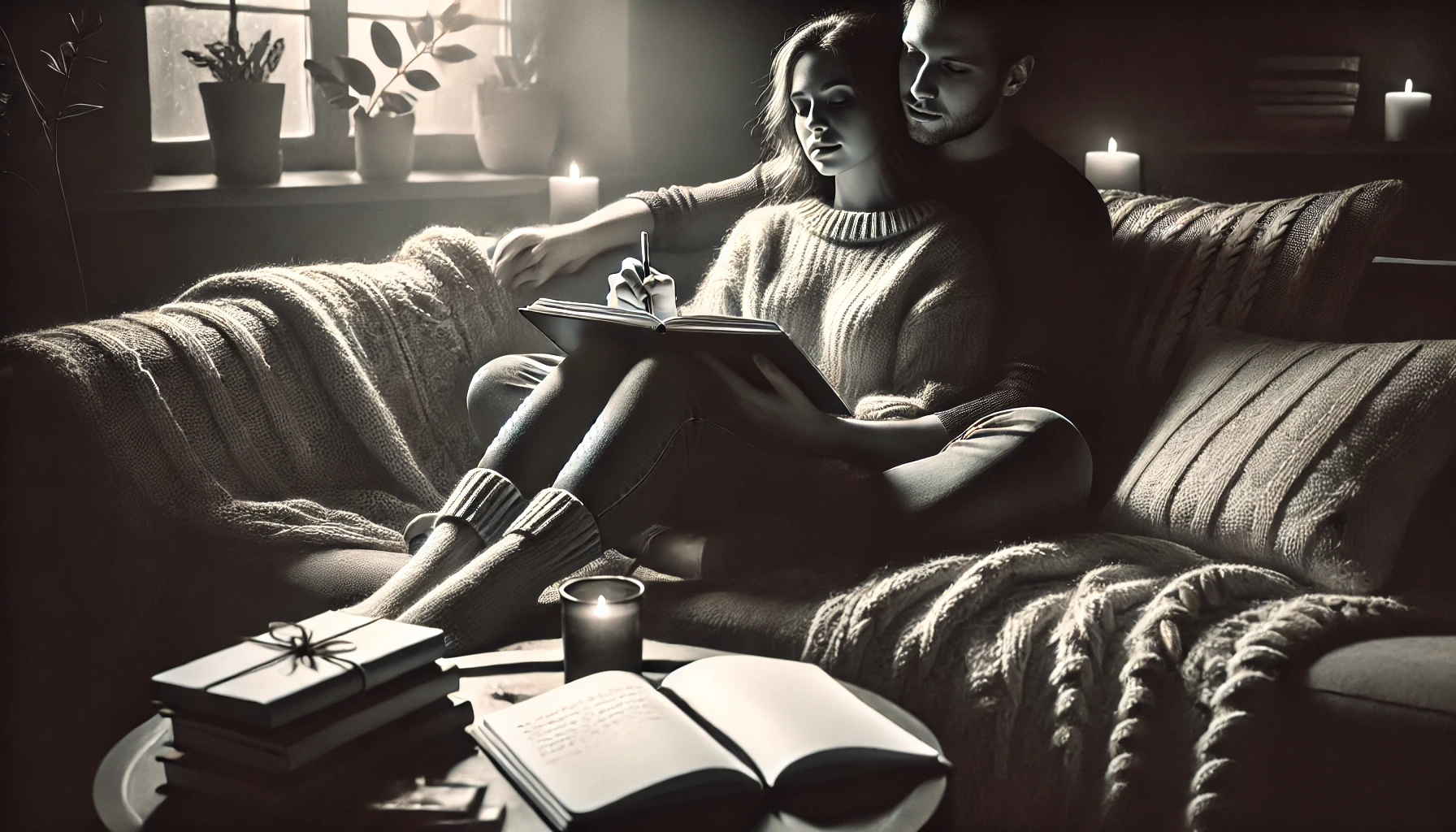 A couple sitting closely together on a cozy couch holding an open notebook and a pen