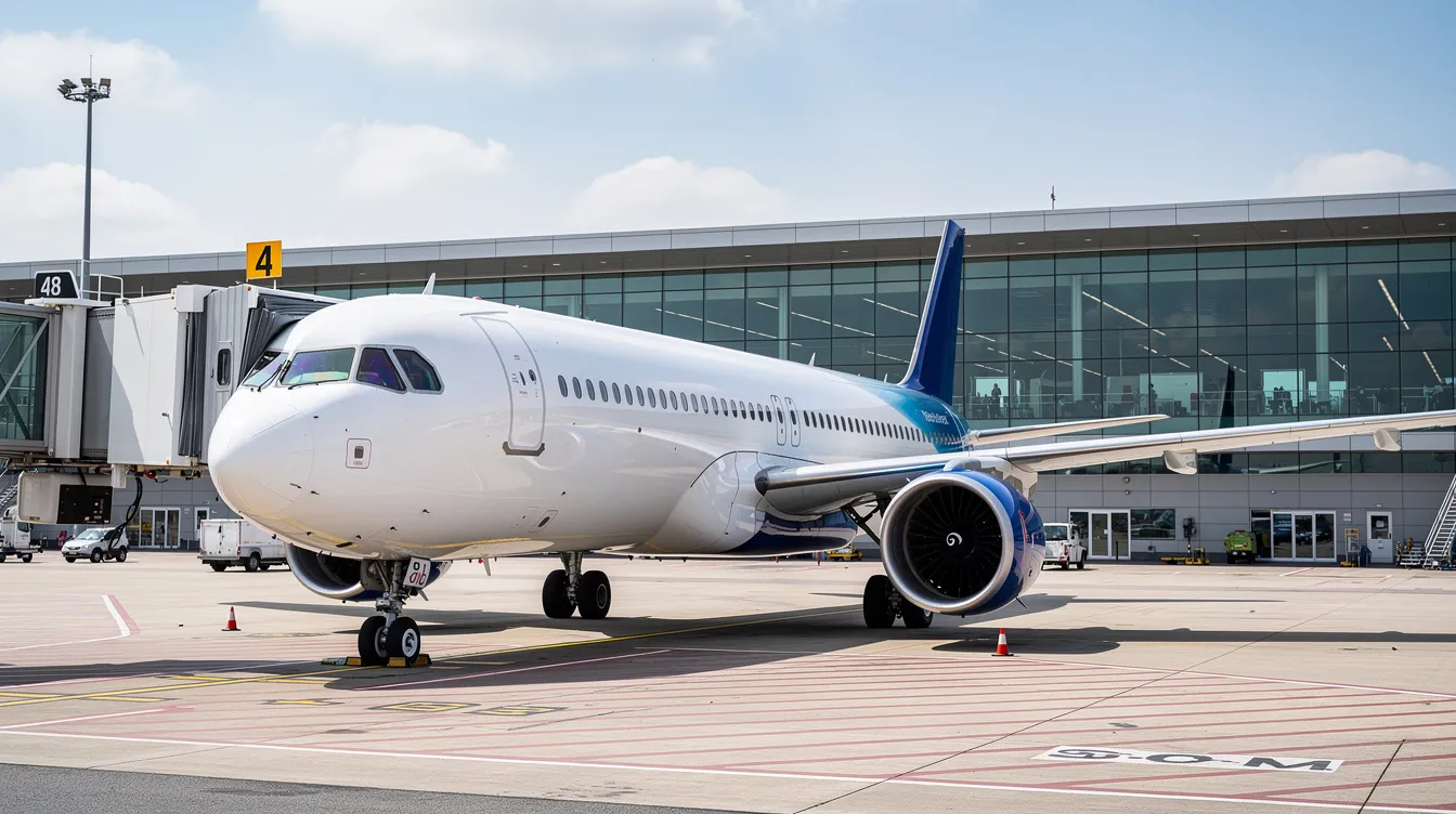 A modern commercial airplane is parked at a sleek airport terminal gate during the daytime, showcasing the airline's commitment to high standards and service quality. The scene reflects a focus on consistent and excellent performance in airport services, highlighting the airline's hub as a benchmark for industry excellence.
