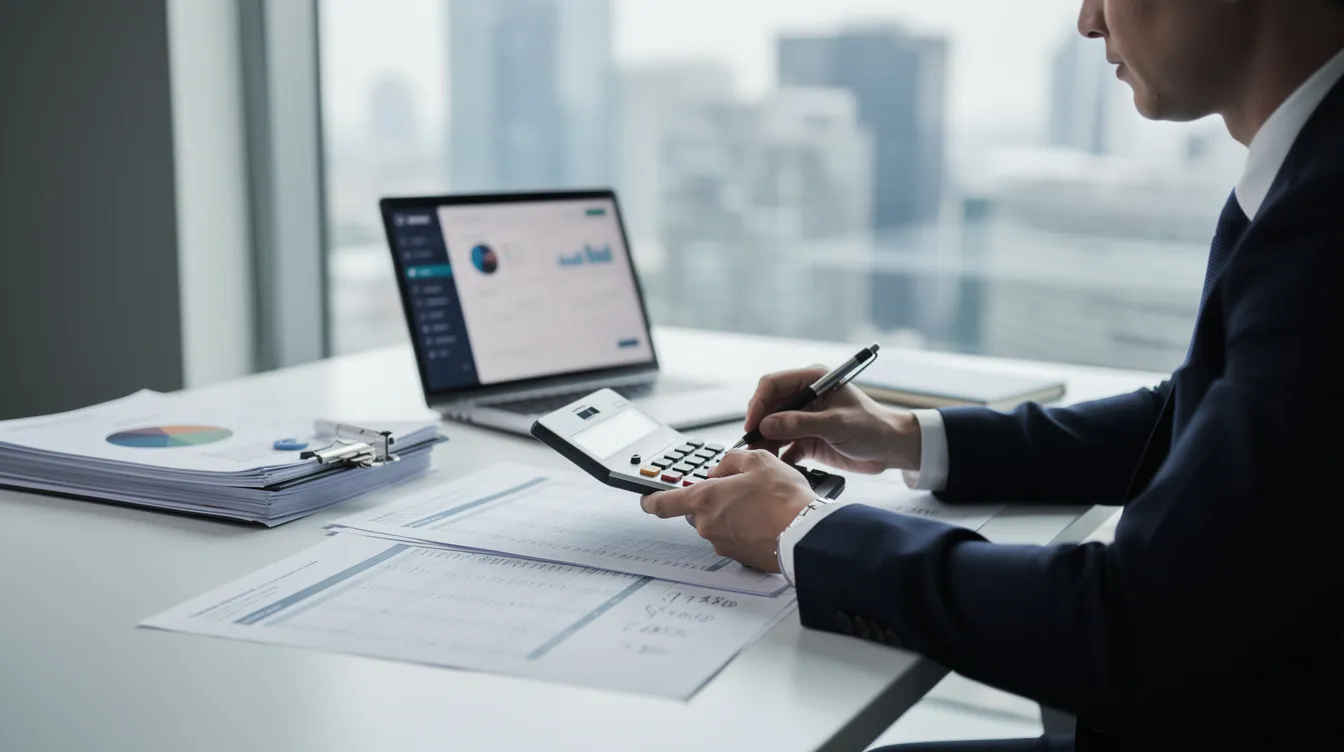 A business professional is focused on analyzing financial statements, using a calculator while surrounded by various documents. This scene highlights the importance of understanding tax implications, such as tax liabilities and future tax benefits, in the context of mergers and acquisitions.