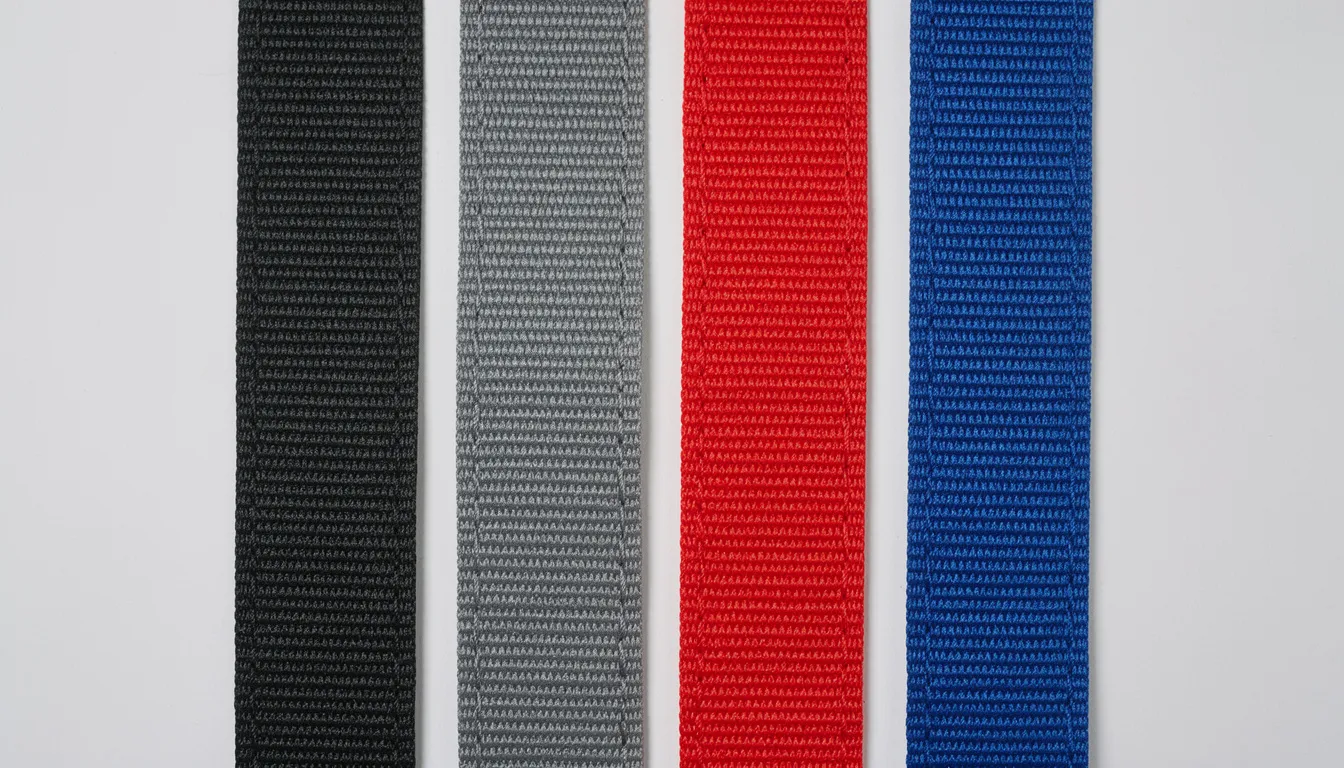 The image showcases a full range of seat belt webbing in various colors, including black, grey, red, and blue, designed for car seat belts. This colorful display highlights the options available for customers looking to purchase or replace seat belts for their vehicles.