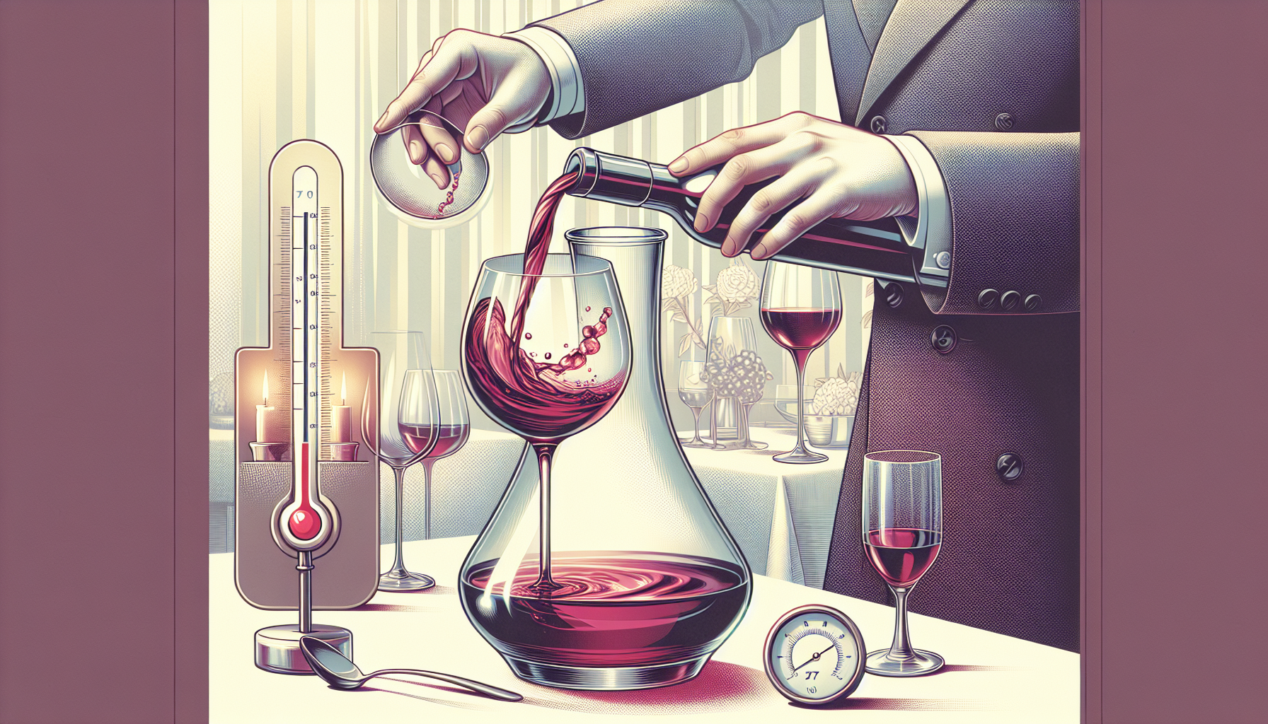 Illustration of wine being served at the ideal temperature with a decanter