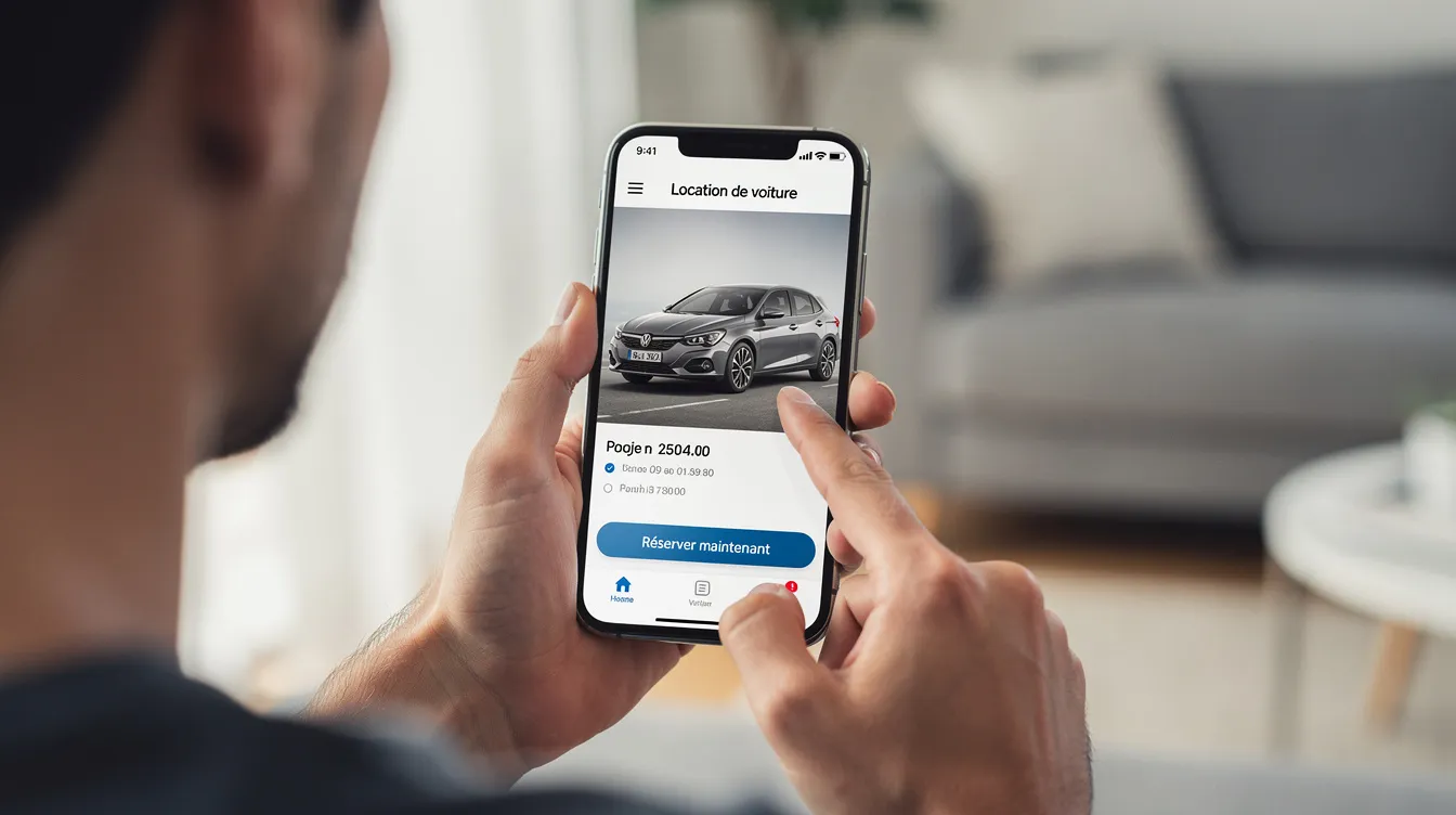 Une personne utilise un smartphone pour réserver une voiture, l'écran affichant une application de location de véhicules avec des options de réservation et de gestion. Cette scène illustre l'utilisation d'un logiciel de location moderne facilitant le choix et le contrôle des prestations disponibles.