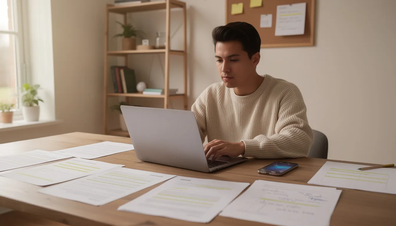 A person is seated at a desk in a home office, focused on their laptop, with documents and a phone within reach, symbolizing the importance of managing financial accounts and protecting against identity theft during life changes. The scene highlights the need for awareness of potential identity crimes and the emotional toll they can take on individuals.