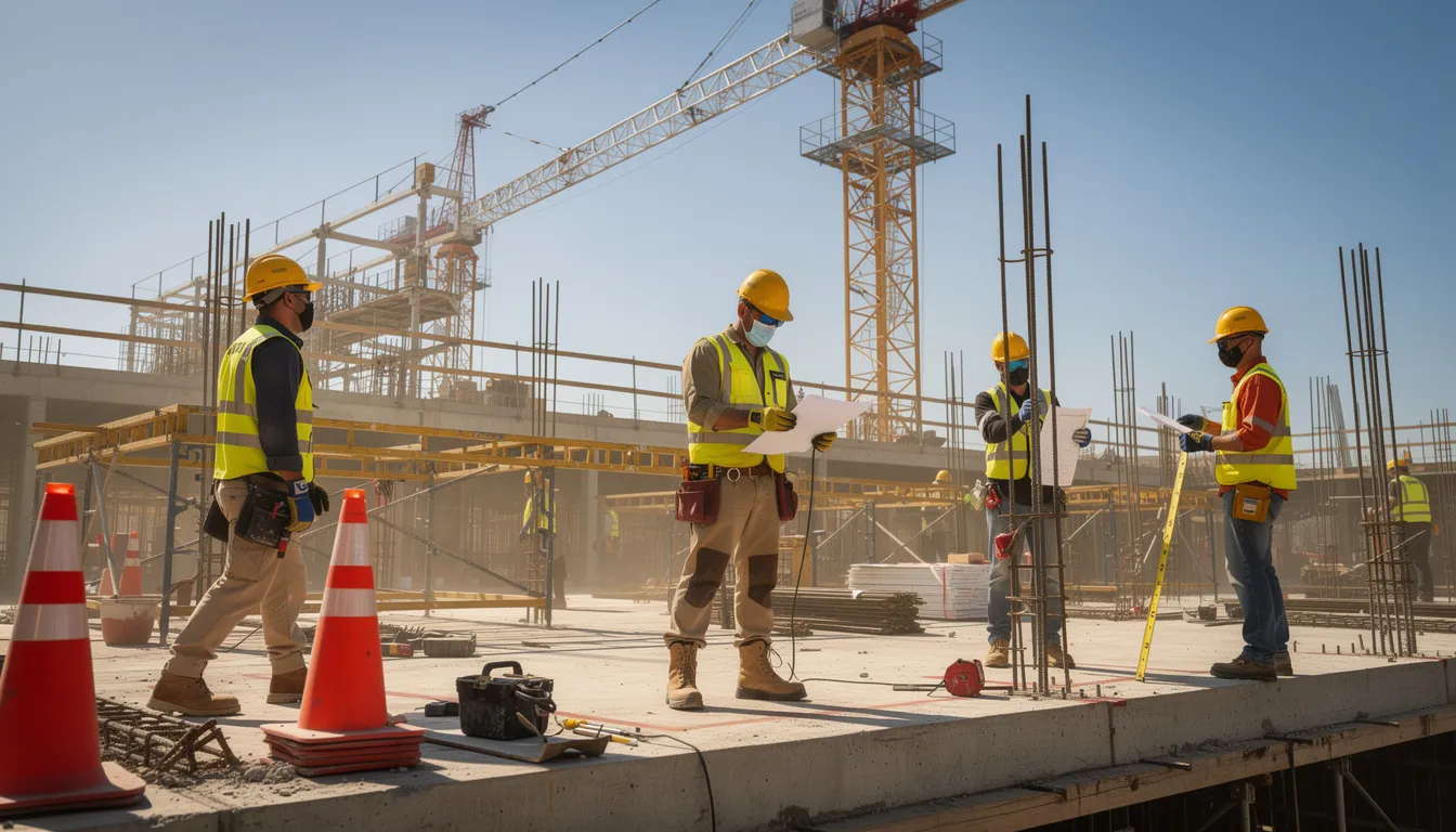 The image depicts construction workers at a job site wearing safety helmets and reflective vests, emphasizing workplace safety. These workers are engaged in their tasks, illustrating the importance of adhering to employment laws and regulations like the Colorado Division of Workers Compensation standards for protecting injured workers.